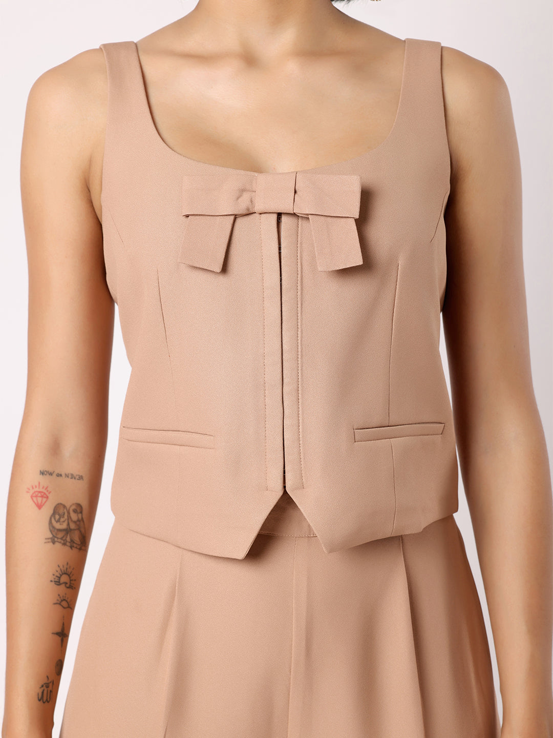 Blanc9 Women Light Brown Waist Coat With Bow & Trousers