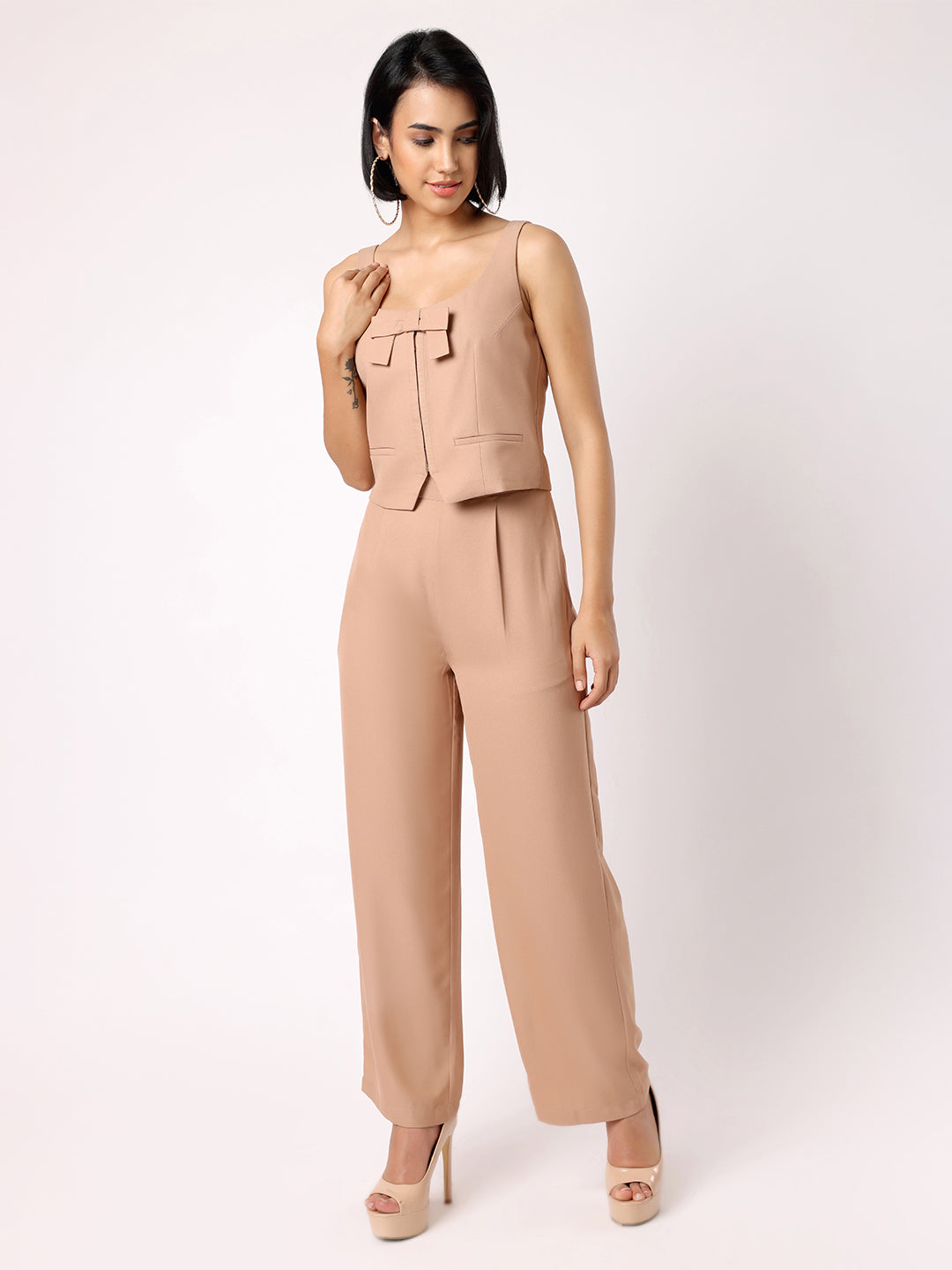 Blanc9 Women Light Brown Waist Coat With Bow & Trousers