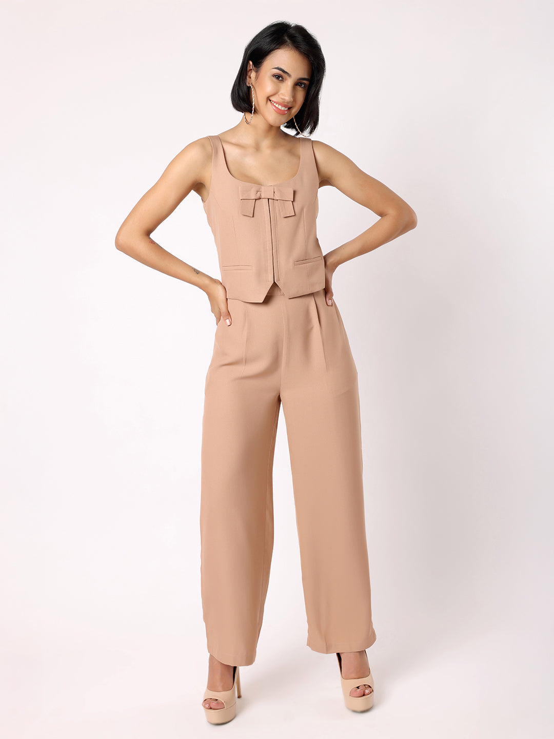 Blanc9 Women Light Brown Waist Coat With Bow & Trousers