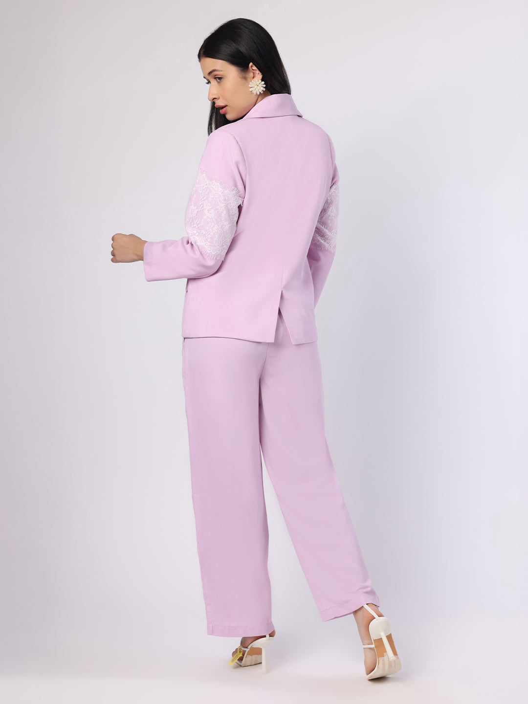 Blanc9 Women Lilac Lace Patch Blazer Trouser Set