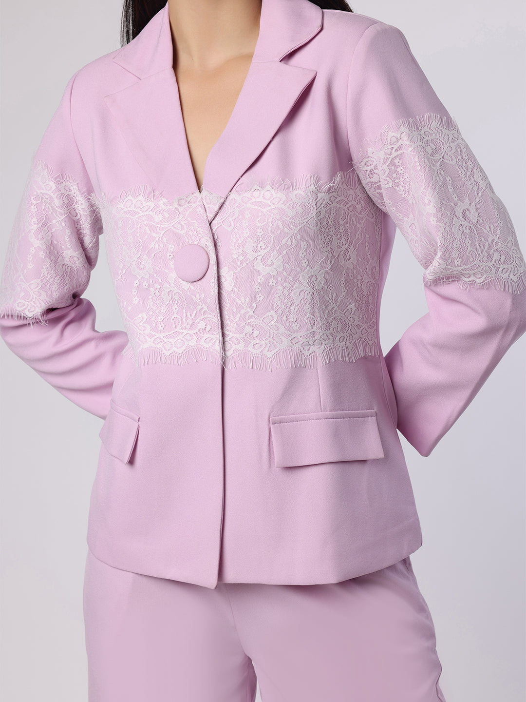 Blanc9 Women Lilac Lace Patch Blazer Trouser Set
