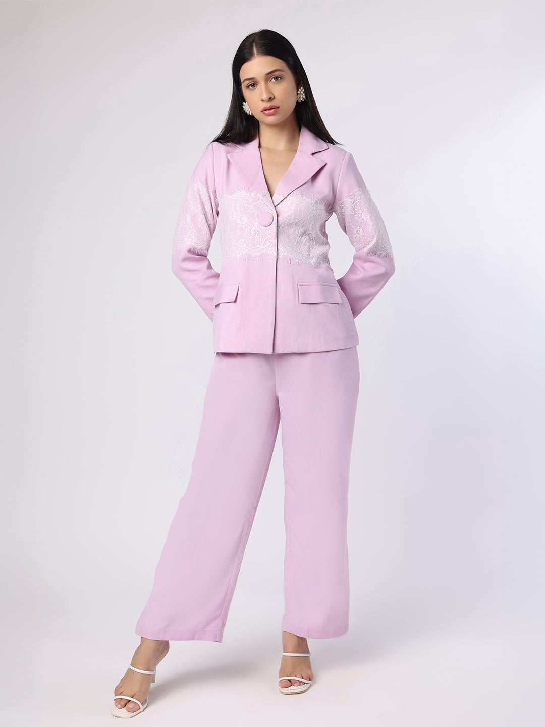 Blanc9 Women Lilac Lace Patch Blazer Trouser Set