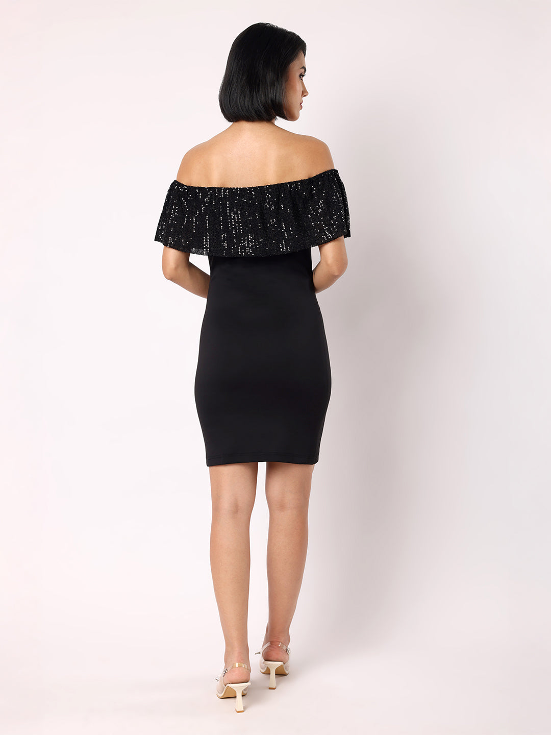 Blanc9 Women Off-Shoulder Dress With Sequinned Bubble Hem Ruffle