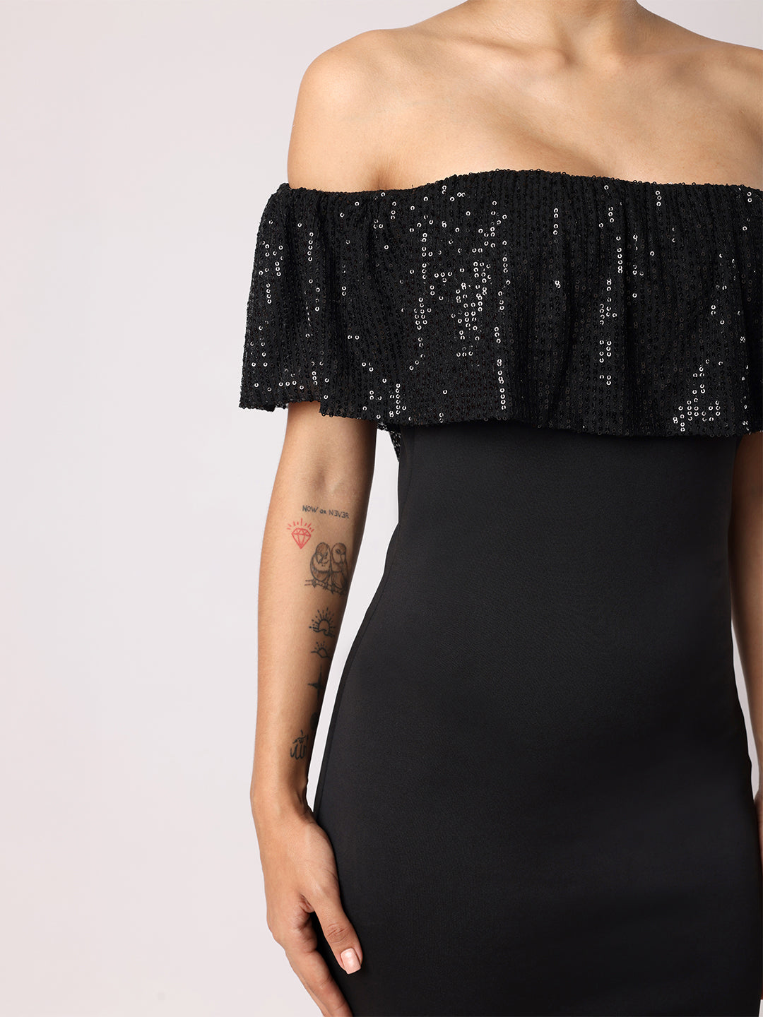 Blanc9 Women Off-Shoulder Dress With Sequinned Bubble Hem Ruffle