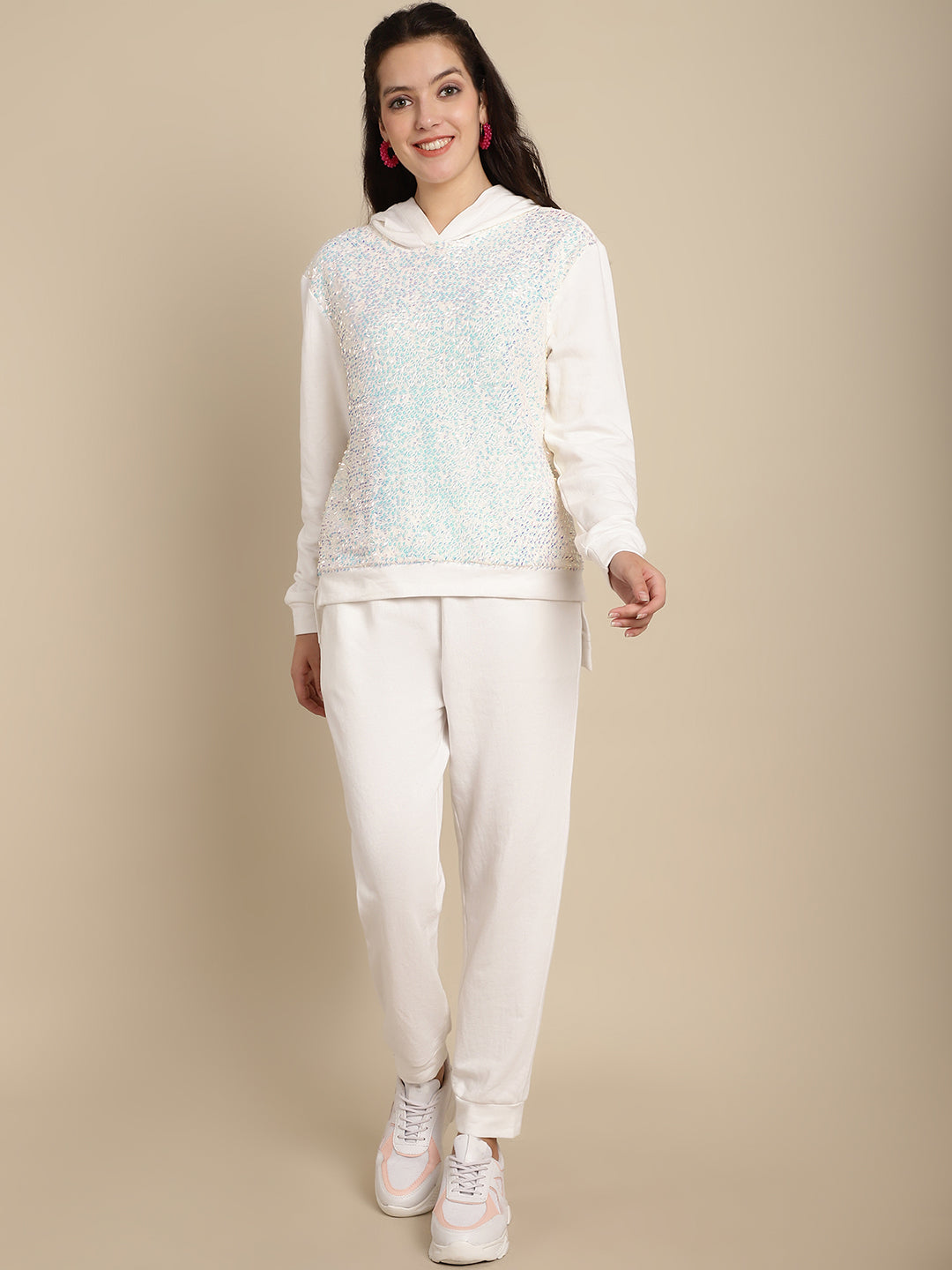 Blanc9 Women Off-White Hooded Neck Sweatshirt With Jogger Set