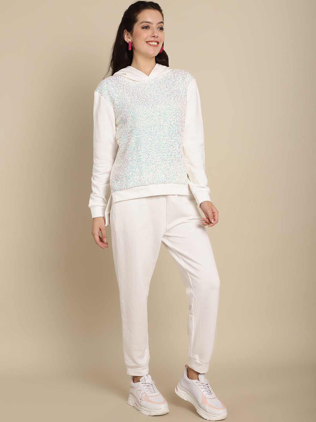 Blanc9 Women Off-White Hooded Neck Sweatshirt With Jogger Set