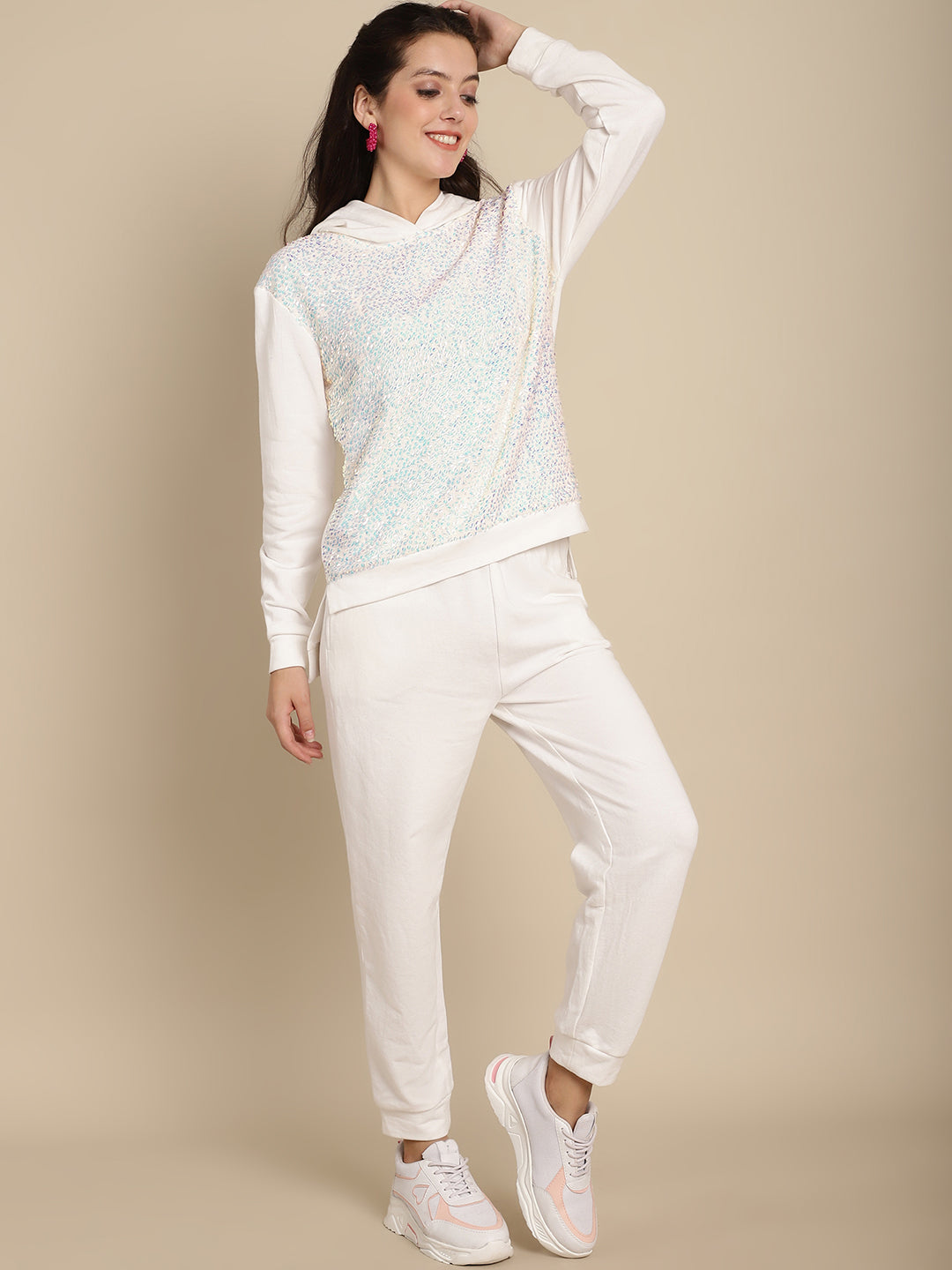 Blanc9 Women Off-White Hooded Neck Sweatshirt With Jogger Set