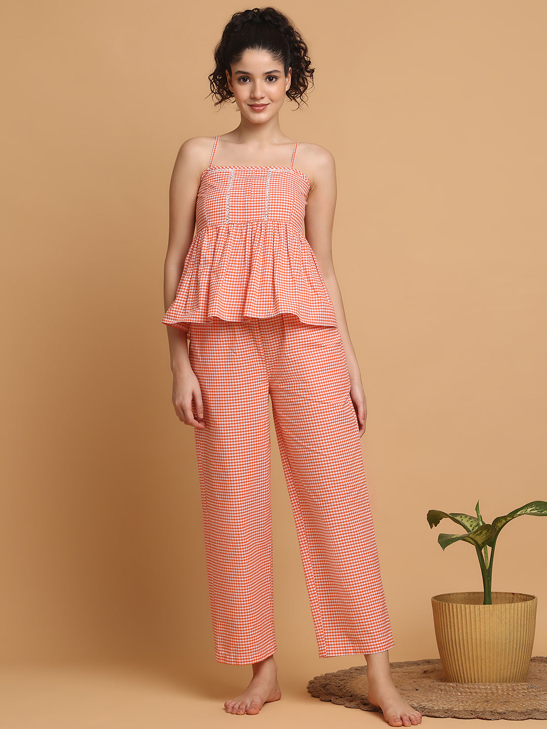 Blanc9 Women Orange Checkered Strappy Top With Pyjama