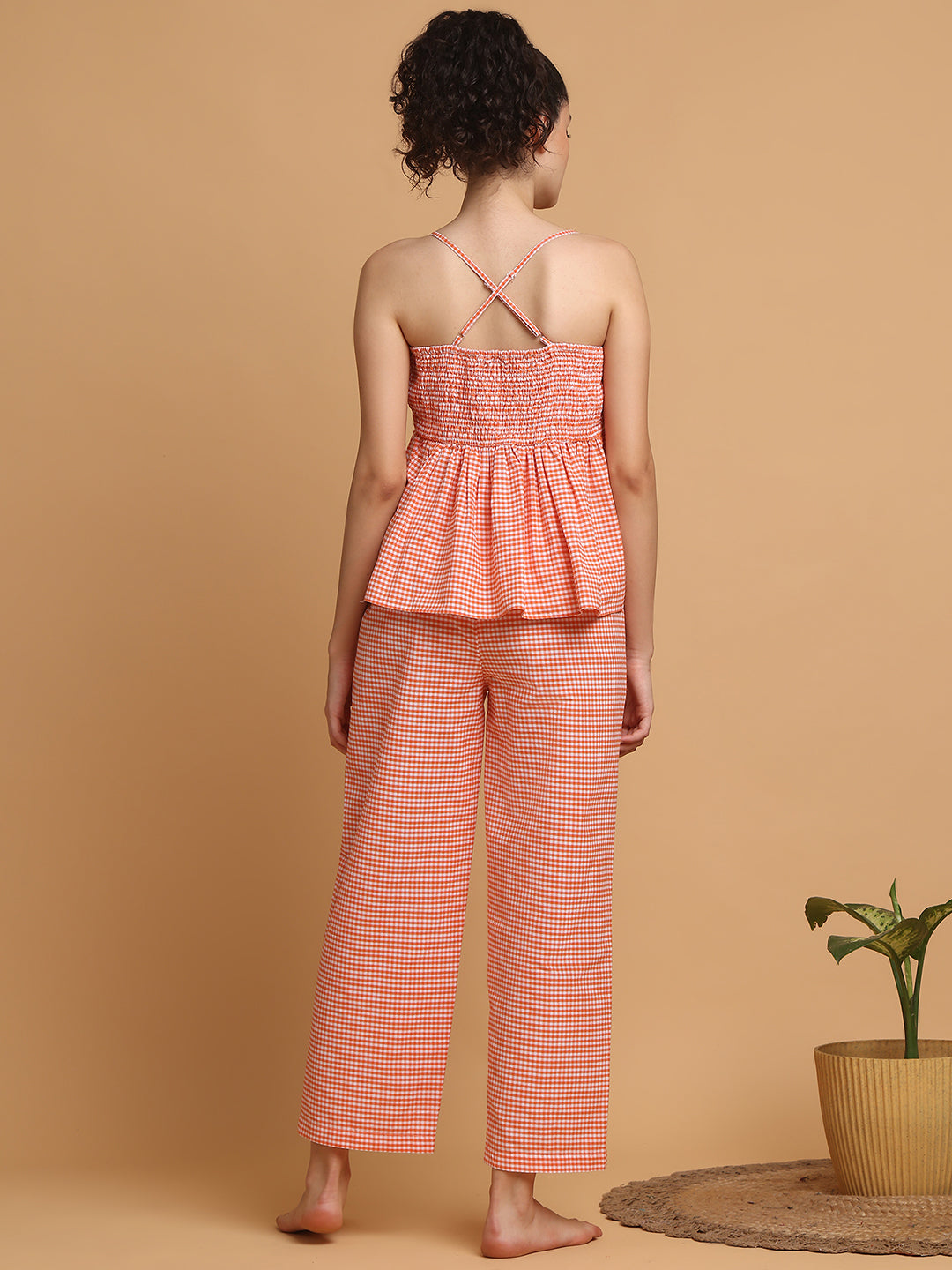 Blanc9 Women Orange Checkered Strappy Top With Pyjama