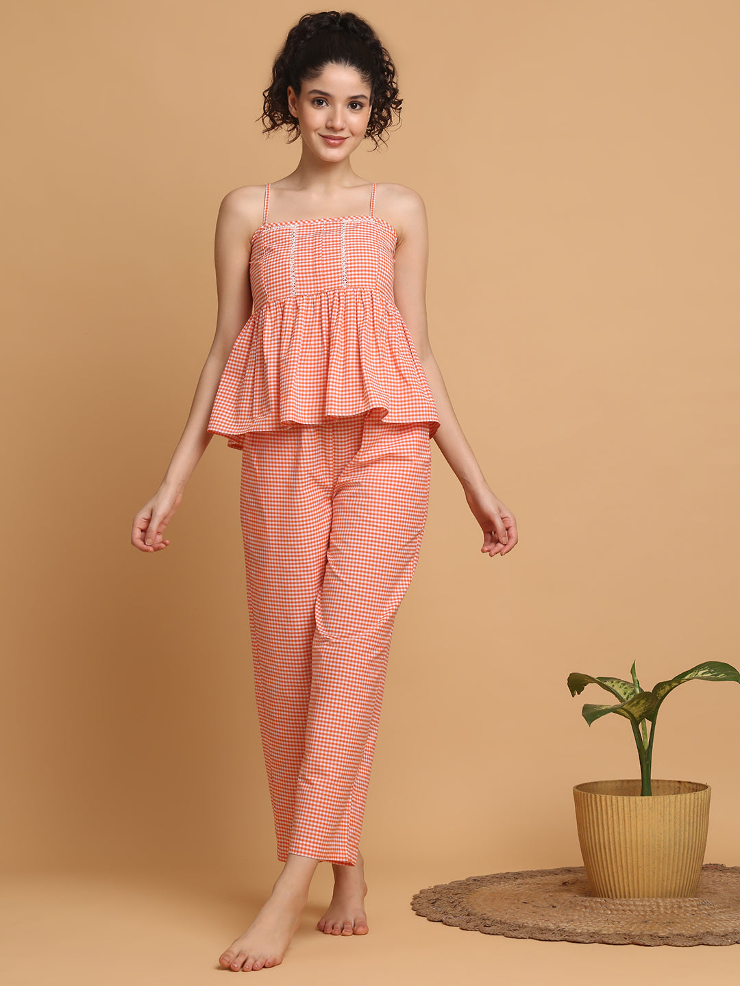 Blanc9 Women Orange Checkered Strappy Top With Pyjama
