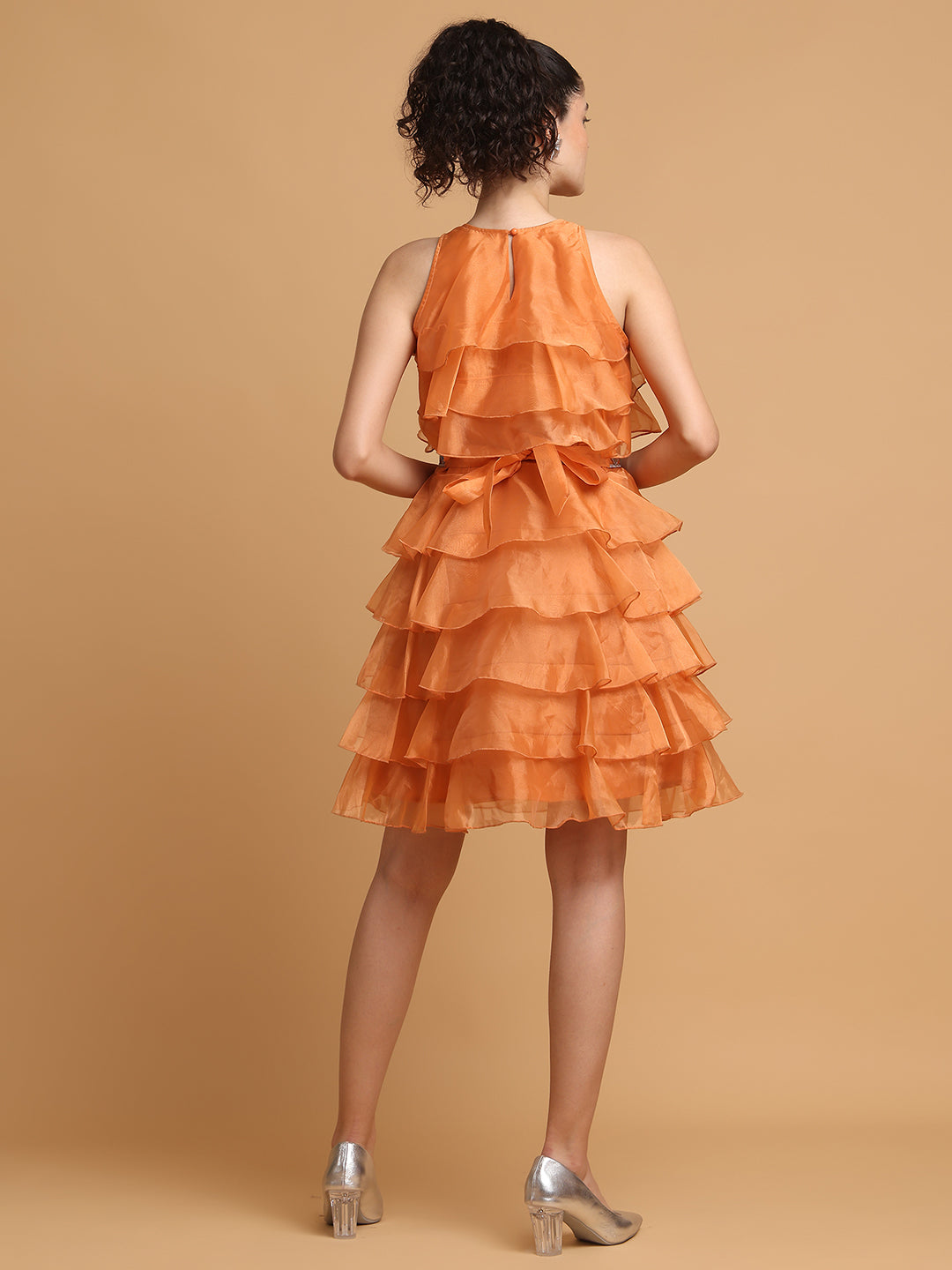 Blanc9 Women Orange Frill Dress With Mirror Belt