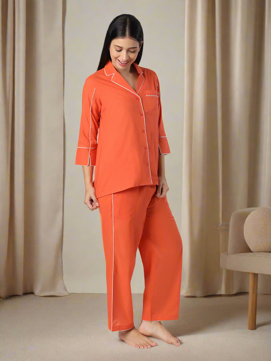 Orange Nightwear With White Piping Detail
