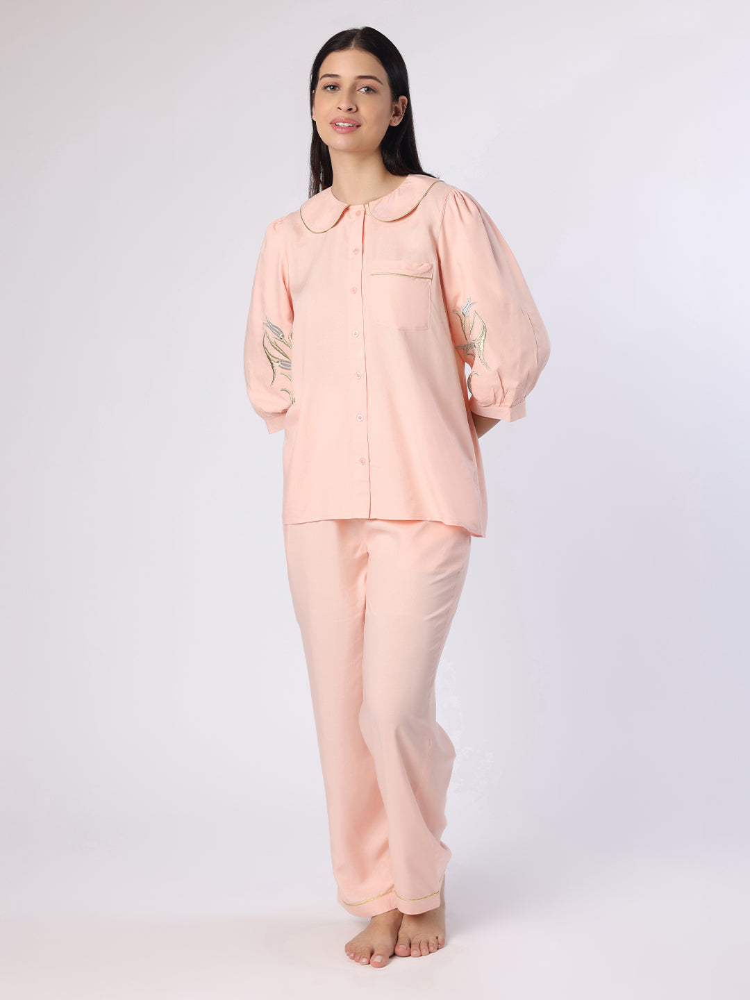 Blanc9 Women Peach Nightwear With Gold-Silver Floral Embroidery