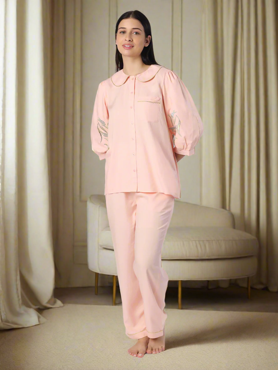 Peach Nightwear With Gold-Silver Floral Embroidery