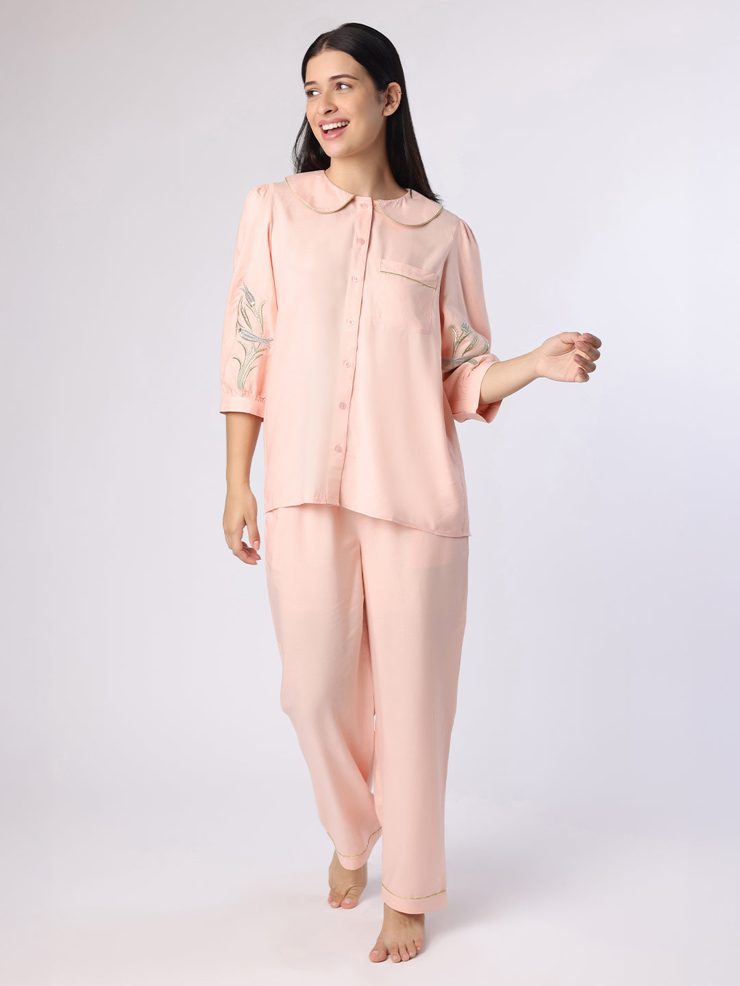 Blanc9 Women Peach Nightwear With Gold-Silver Floral Embroidery