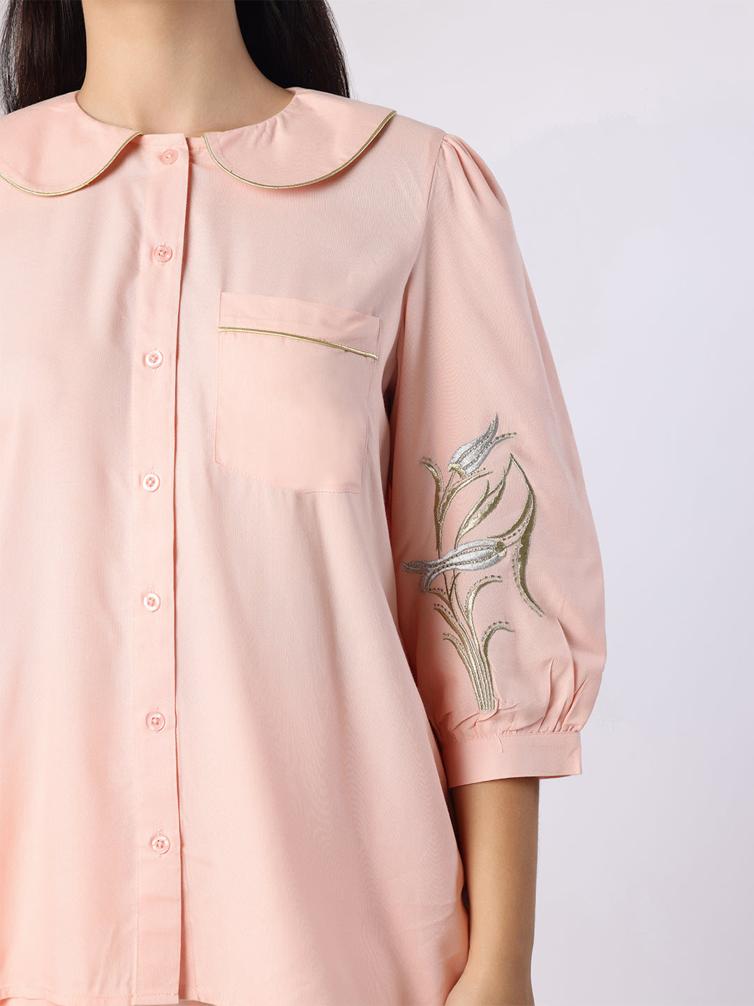 Blanc9 Women Peach Nightwear With Gold-Silver Floral Embroidery