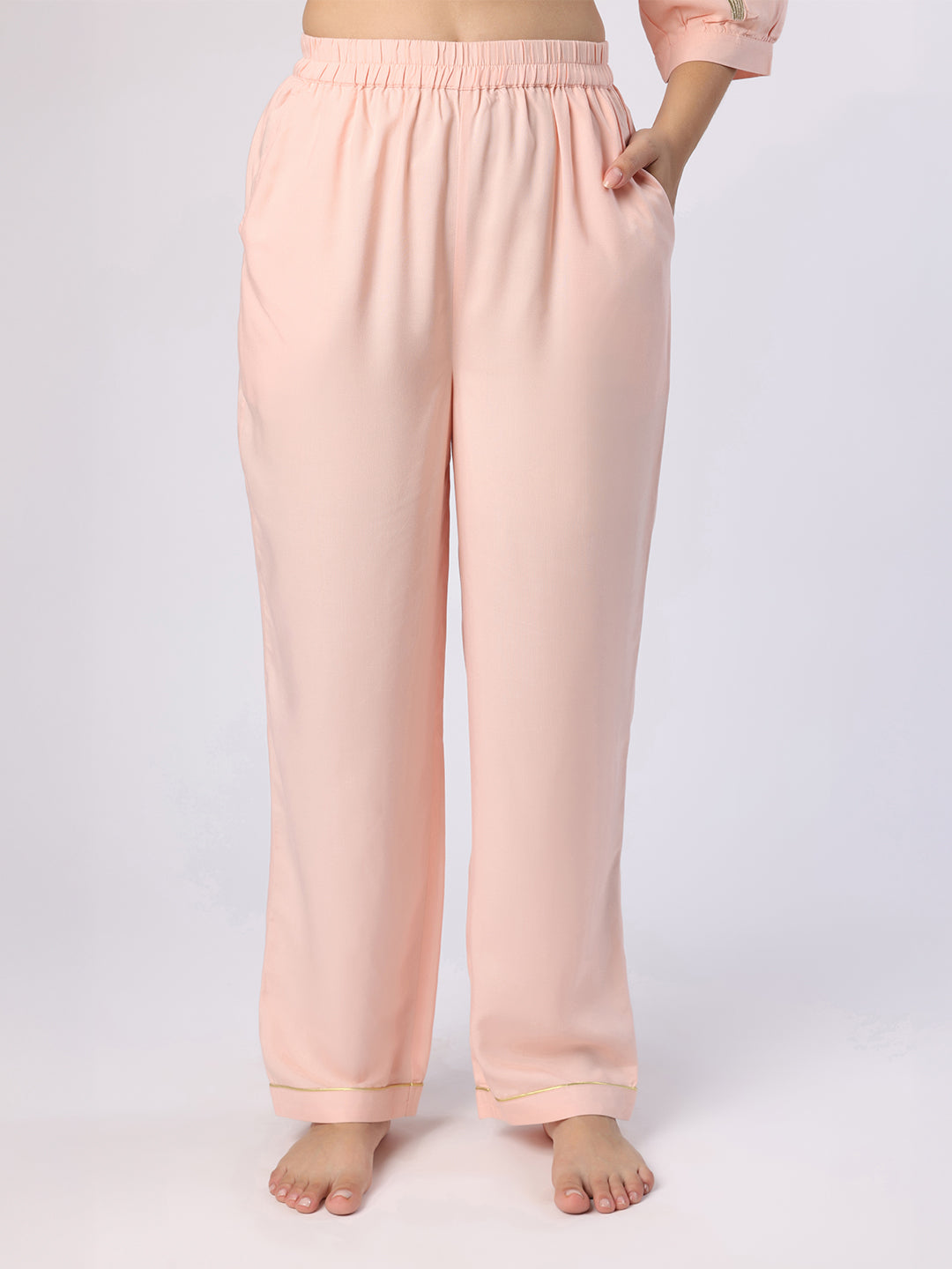 Blanc9 Women Peach Nightwear With Gold-Silver Floral Embroidery