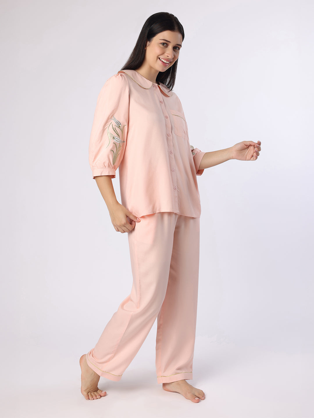 Blanc9 Women Peach Nightwear With Gold-Silver Floral Embroidery