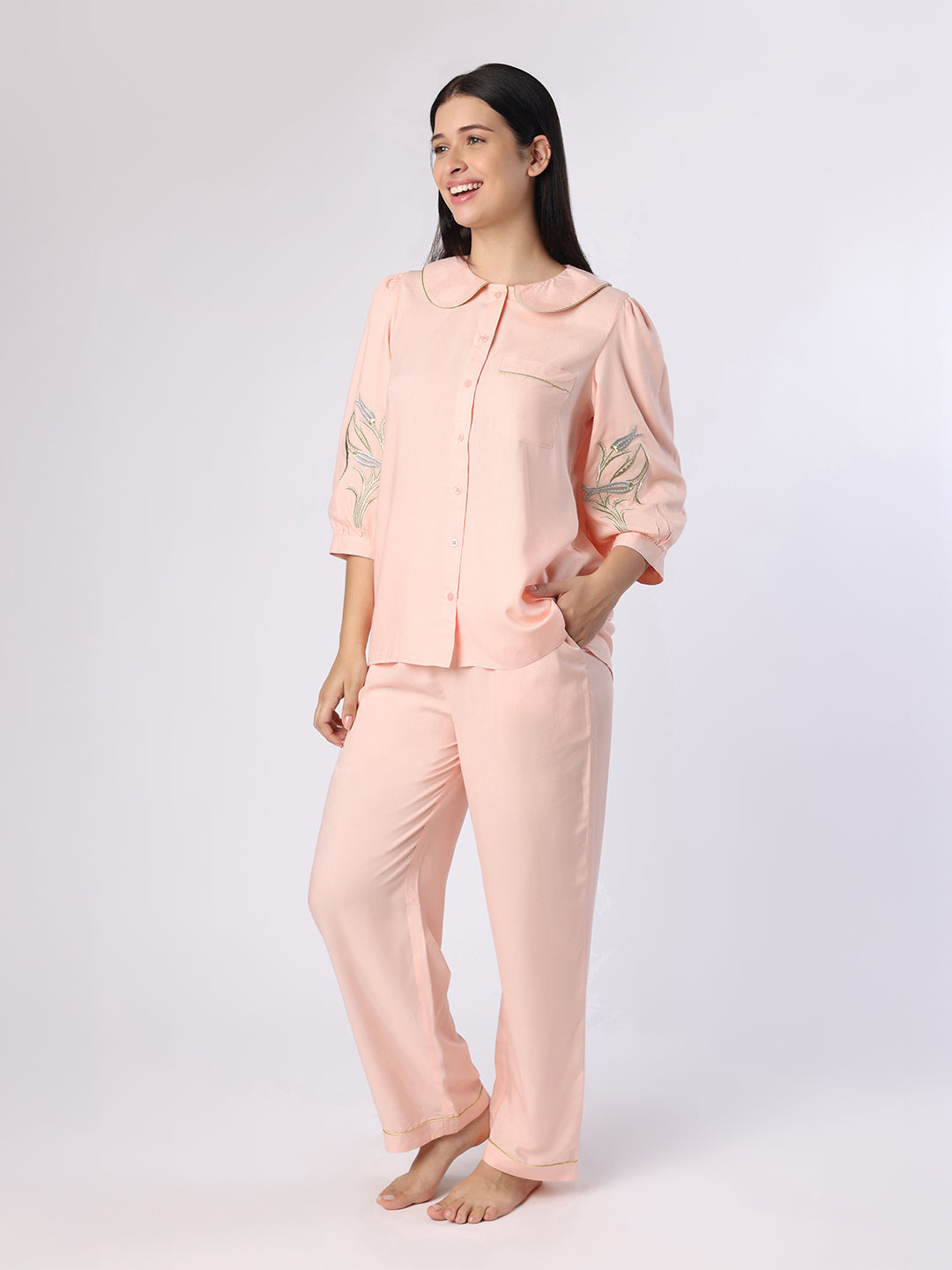 Blanc9 Women Peach Nightwear With Gold-Silver Floral Embroidery
