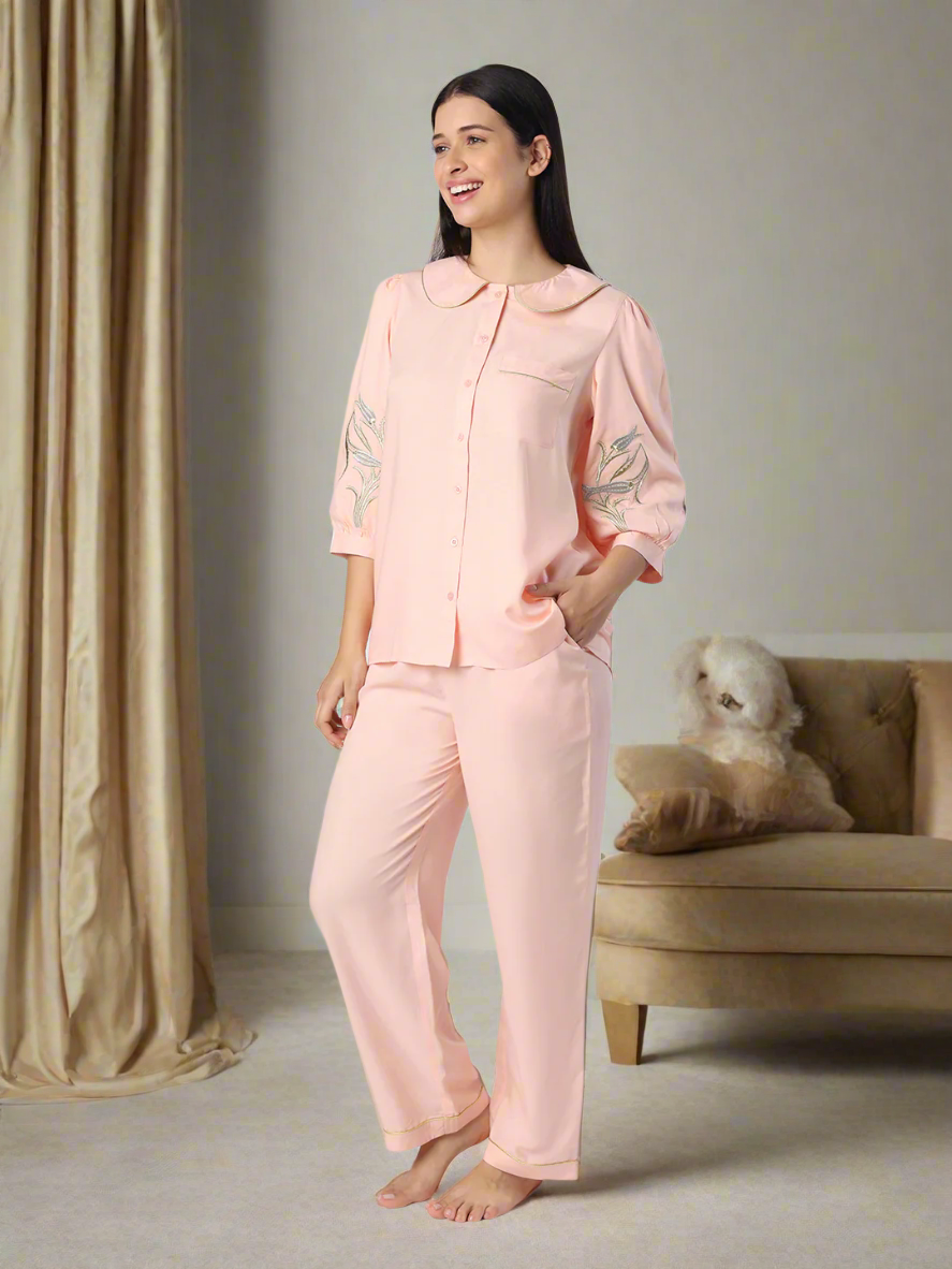 Peach Nightwear With Gold-Silver Floral Embroidery