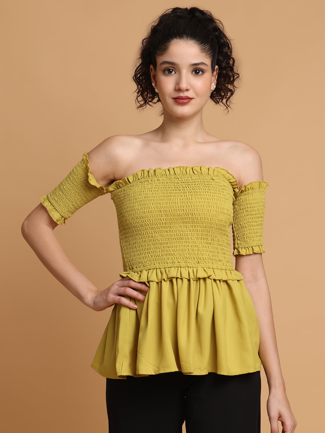 Pear Green Smocking Off-Shoulder Top