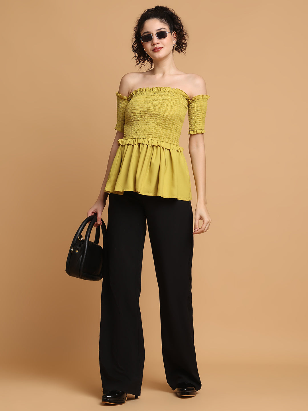 Pear Green Smocking Off-Shoulder Top