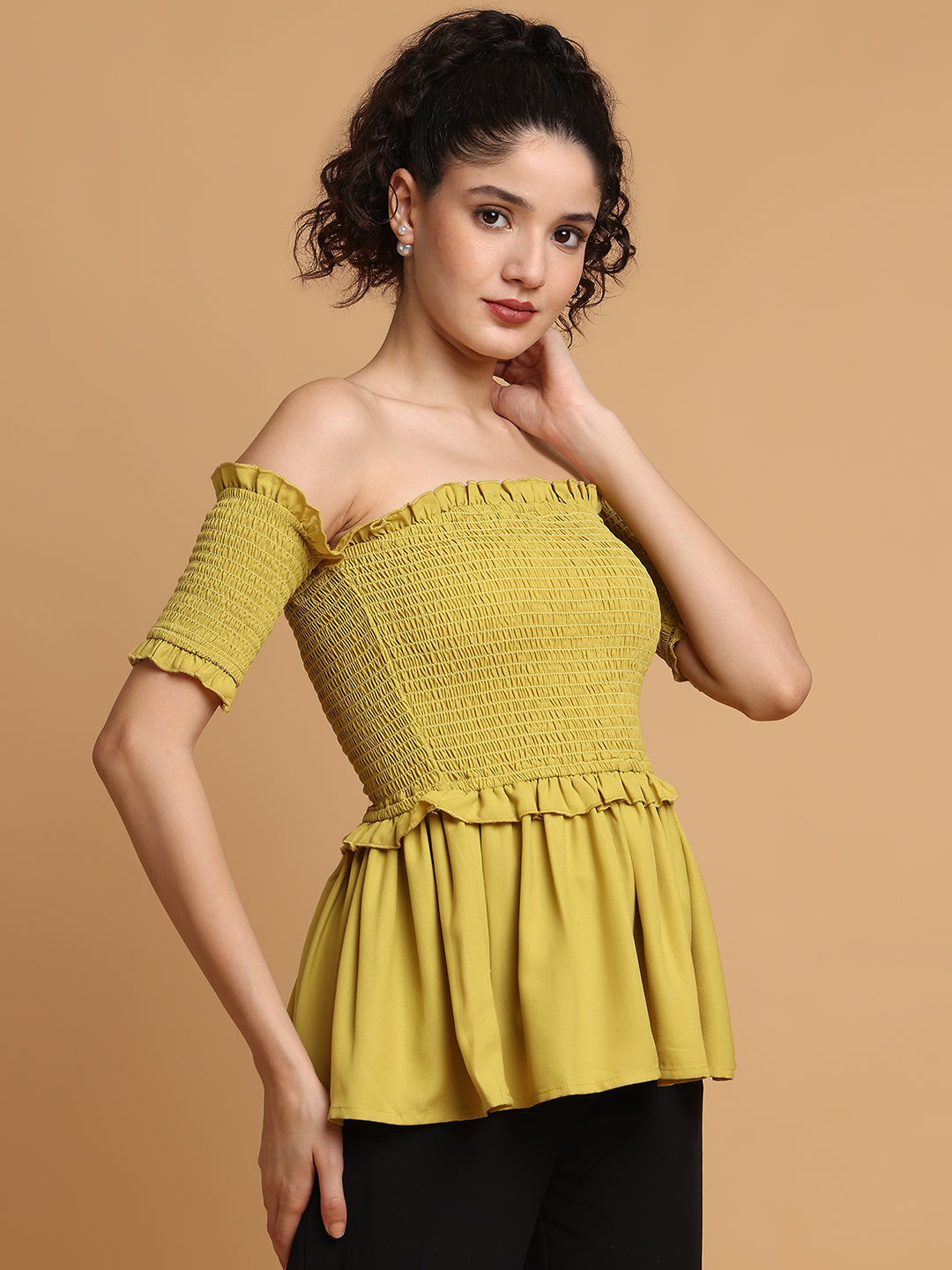 Pear Green Smocking Off-Shoulder Top