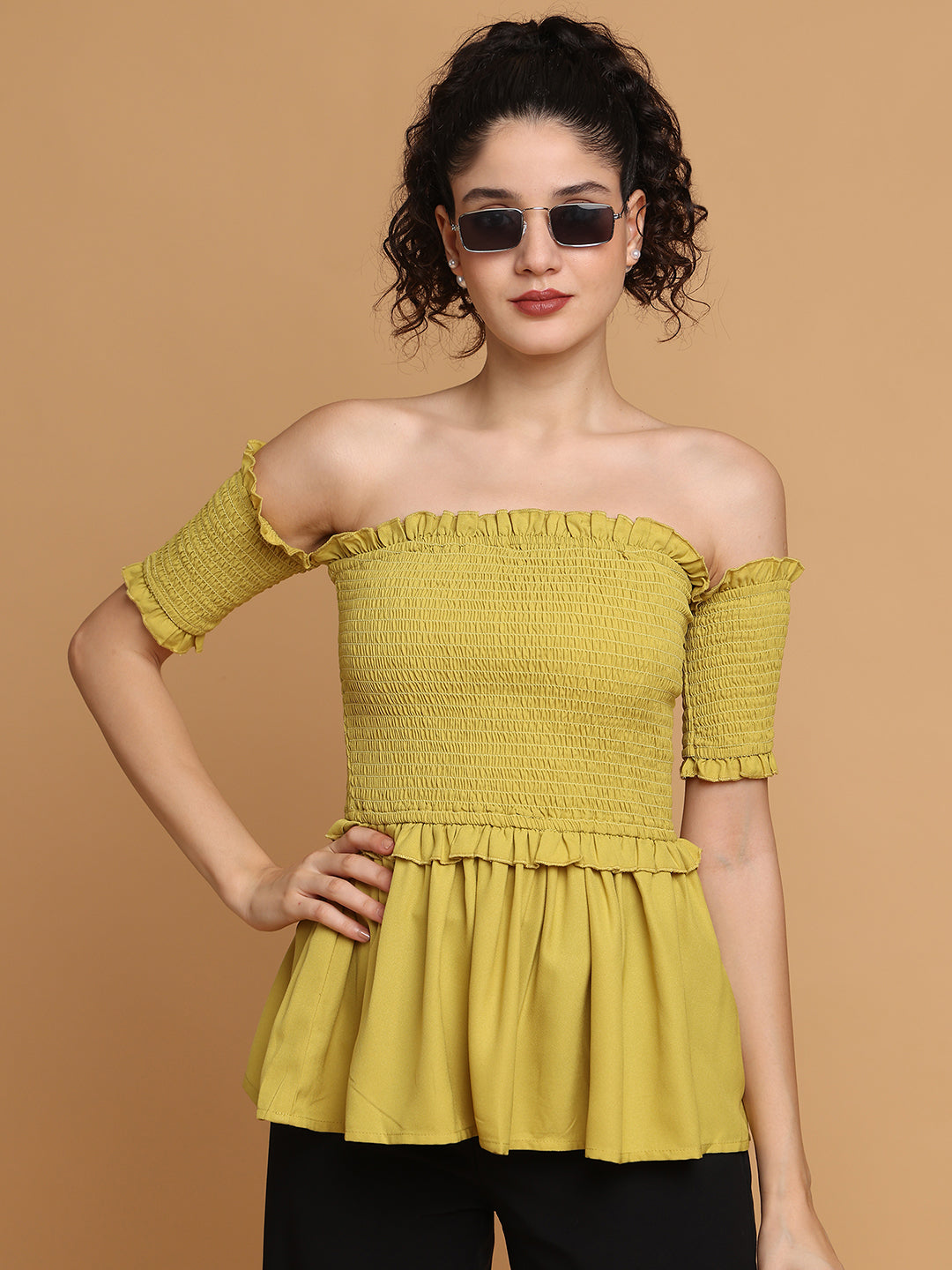 Pear Green Smocking Off-Shoulder Top