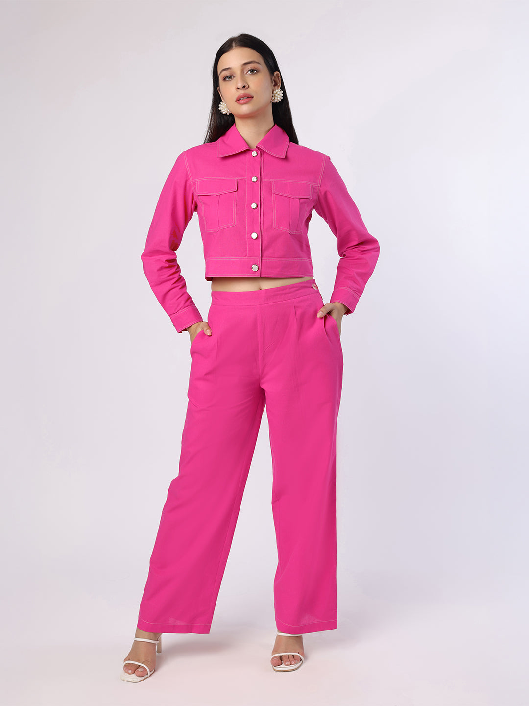 Pink Cropped Shirt With Trousers