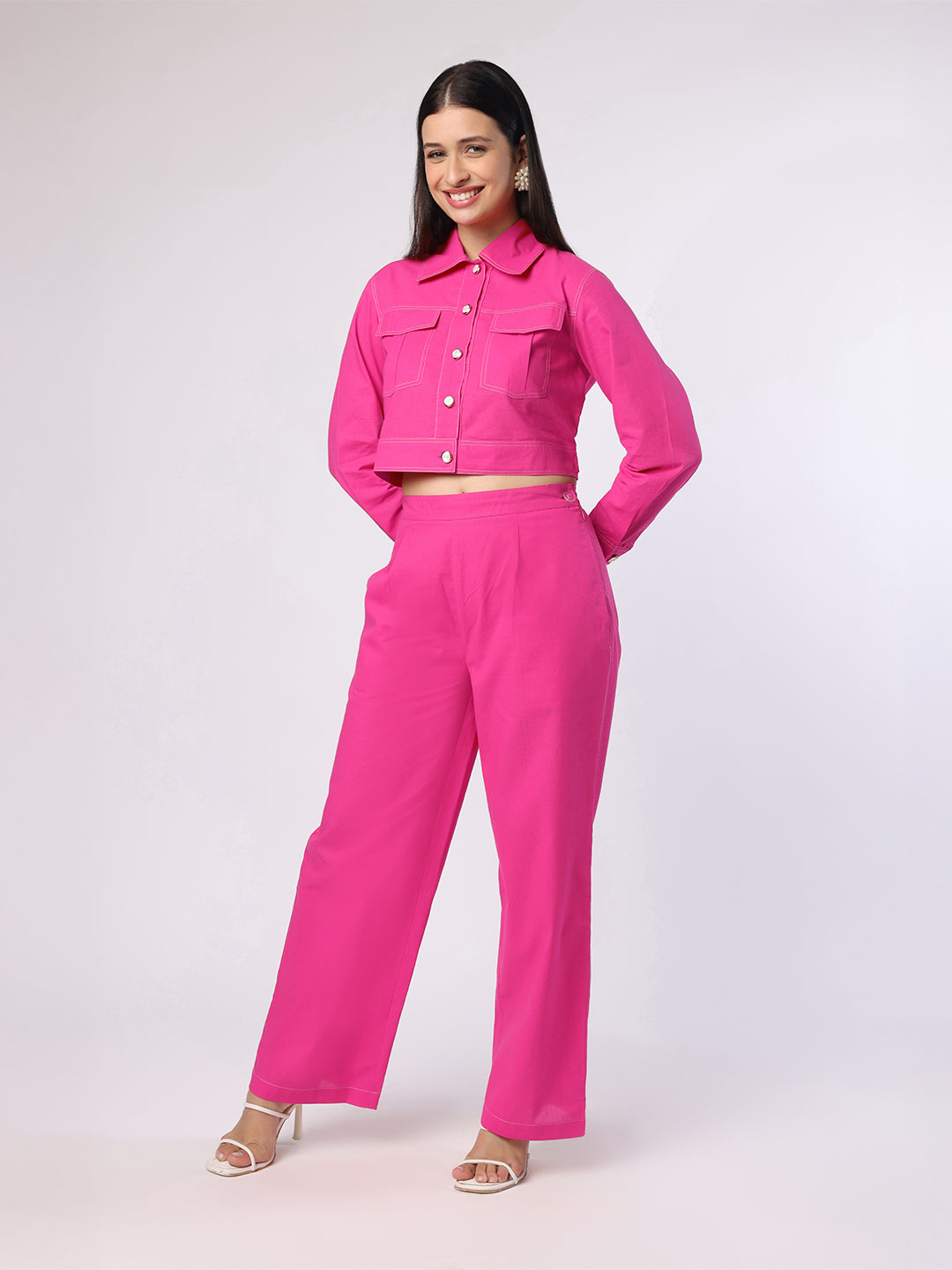 Pink Cropped Shirt With Trousers