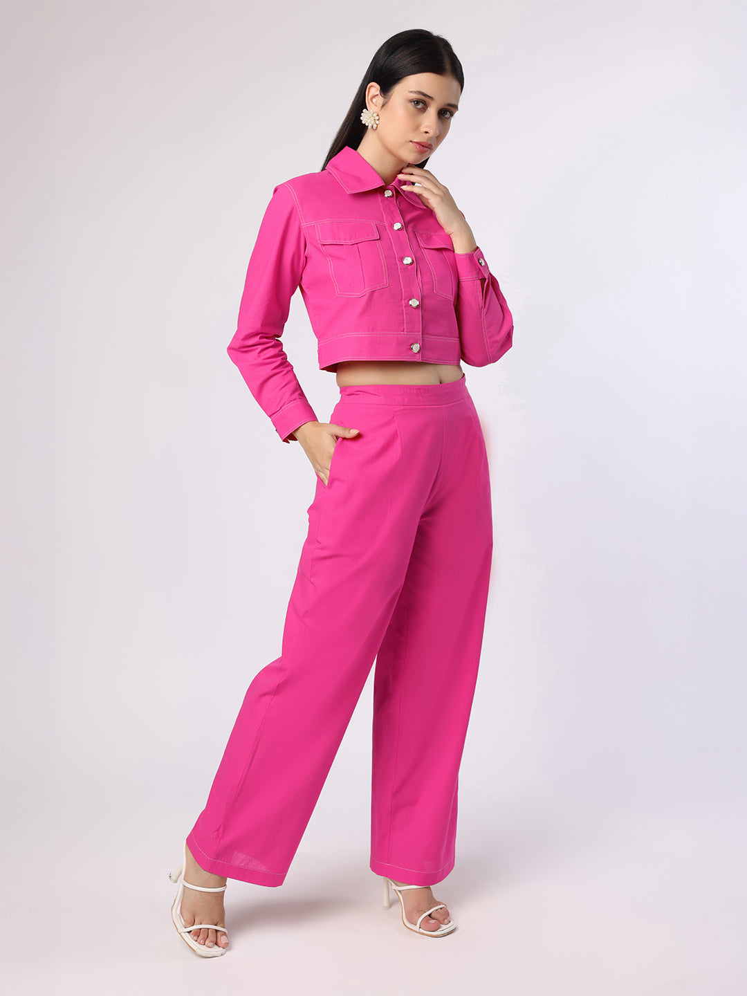 Pink Cropped Shirt With Trousers