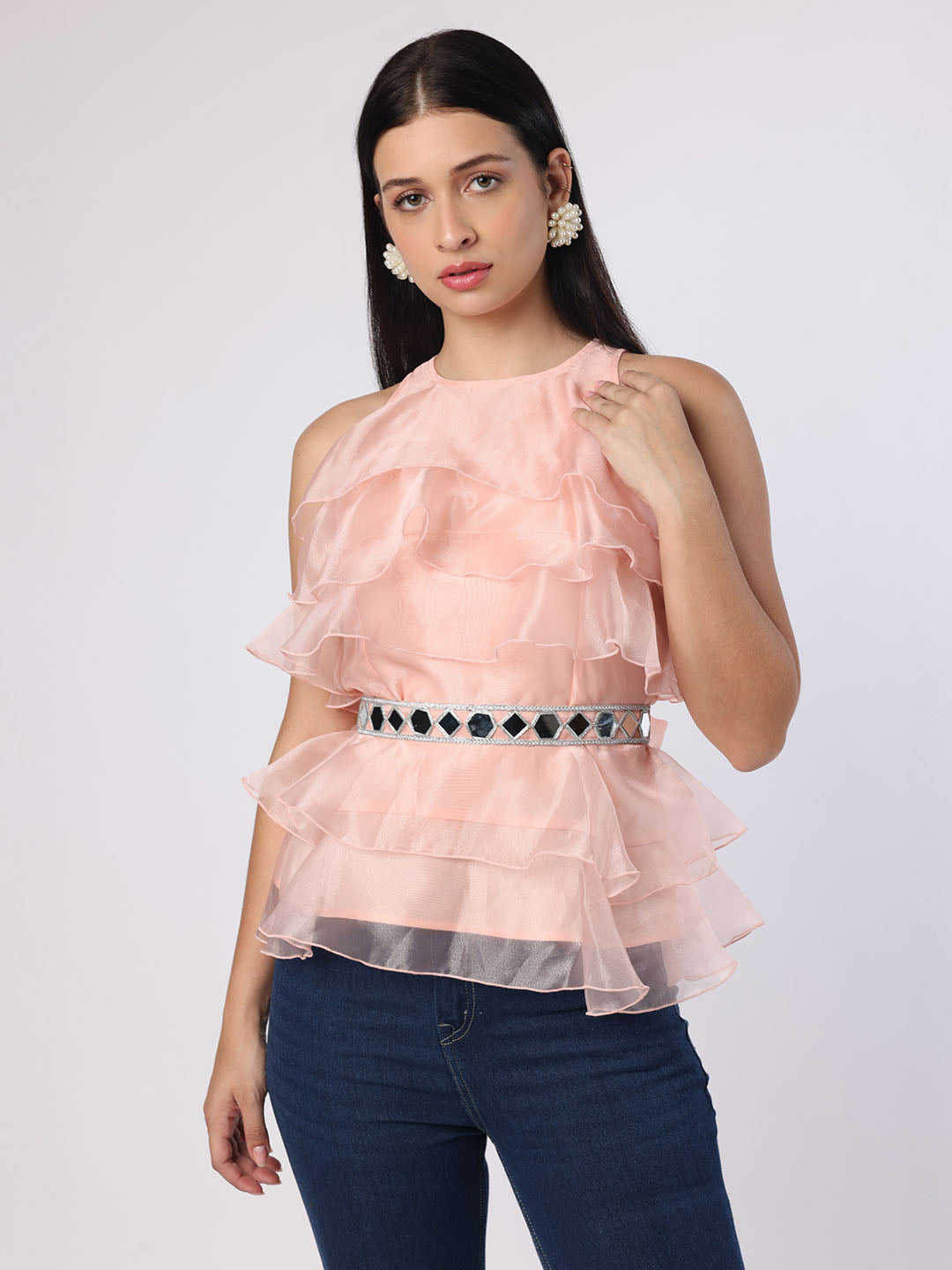 Blanc9 Women Pink Frill Top With Mirror Belt
