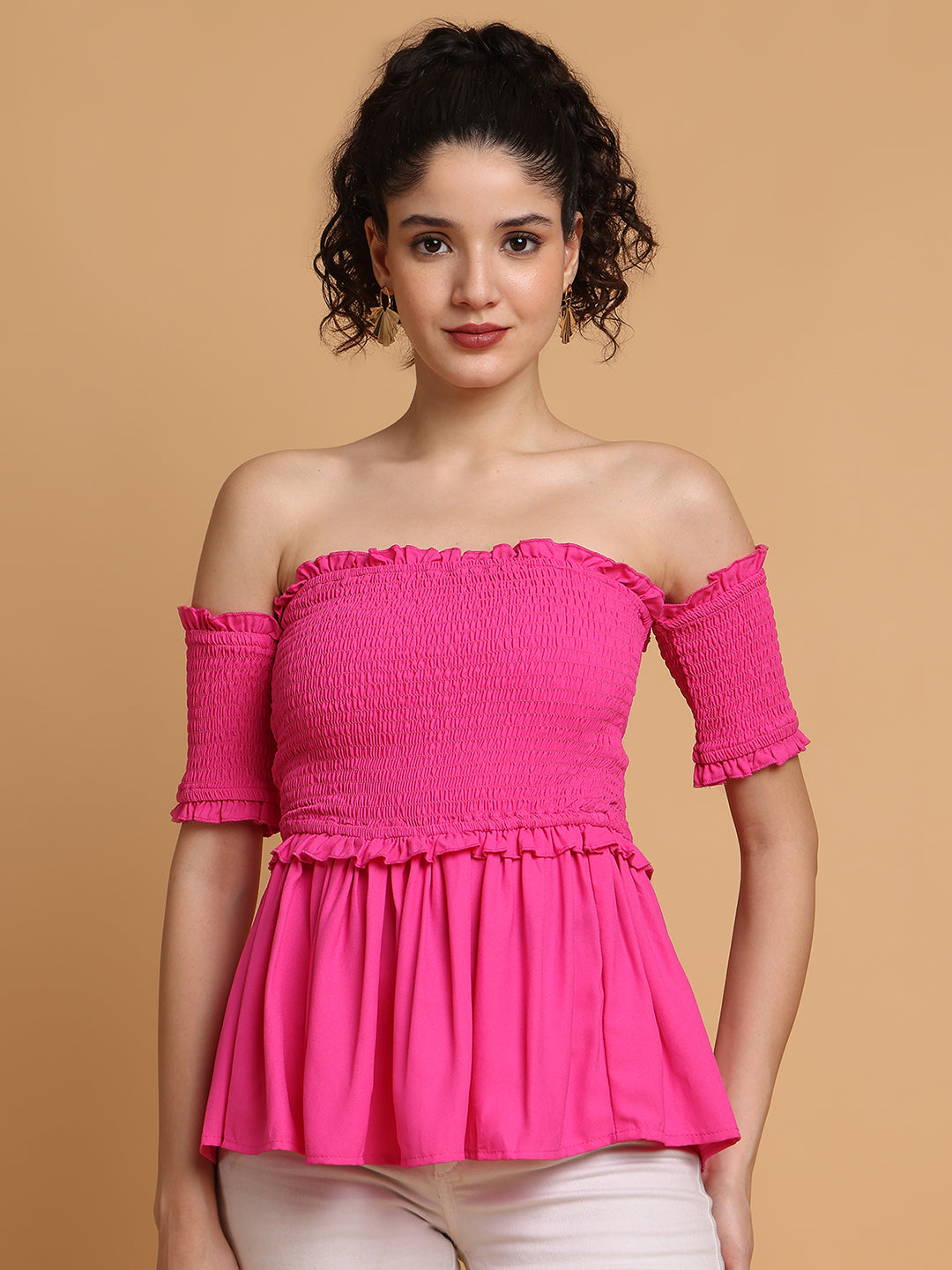Blanc9 Women Pink Smocking Off-Shoulder Top