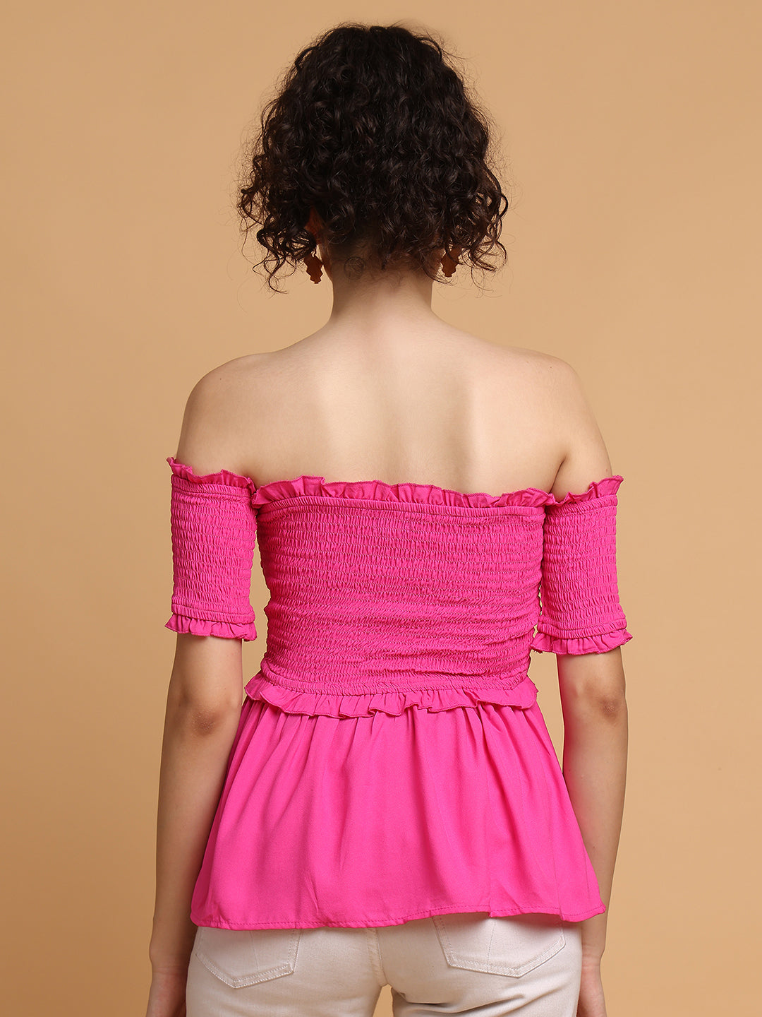 Blanc9 Women Pink Smocking Off-Shoulder Top