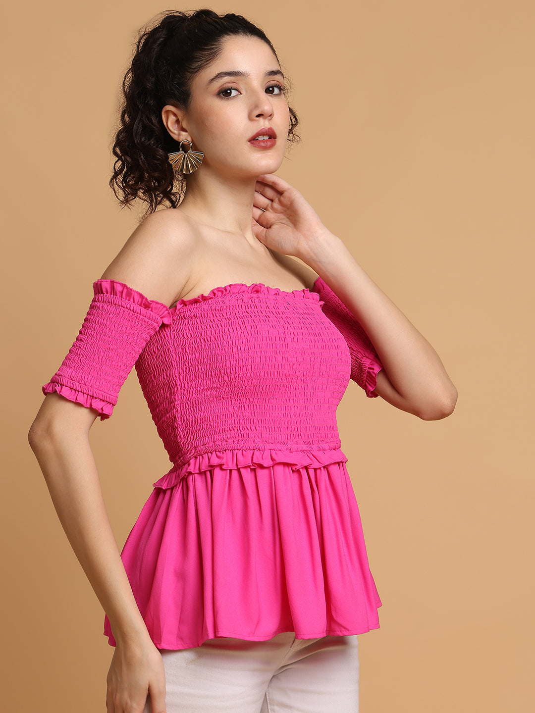 Blanc9 Women Pink Smocking Off-Shoulder Top