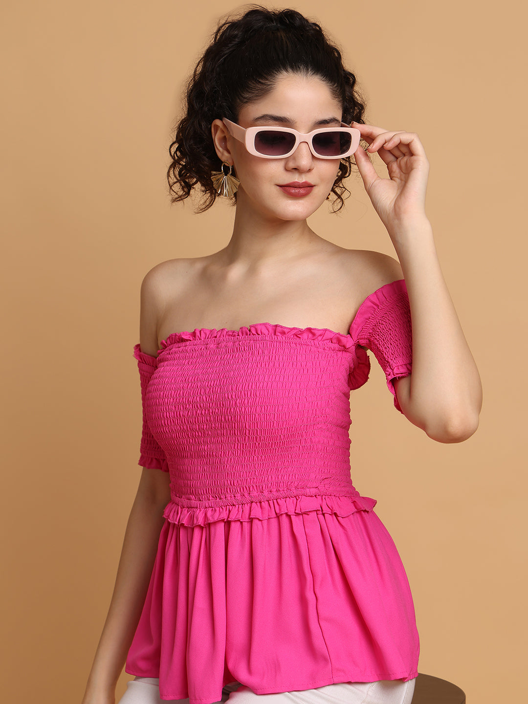 Blanc9 Women Pink Smocking Off-Shoulder Top
