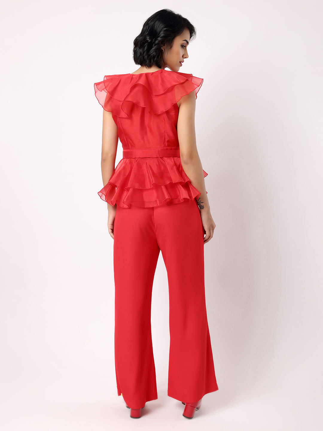 Blanc9 Women Red Organza Frill Top With Trousers
