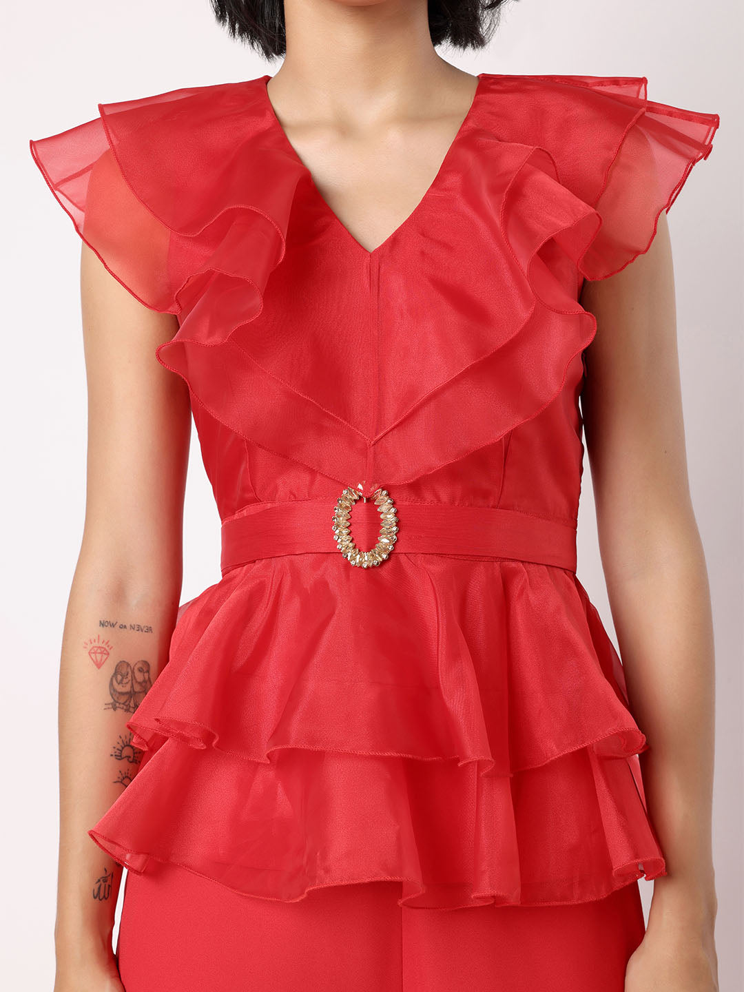 Blanc9 Women Red Organza Frill Top With Trousers