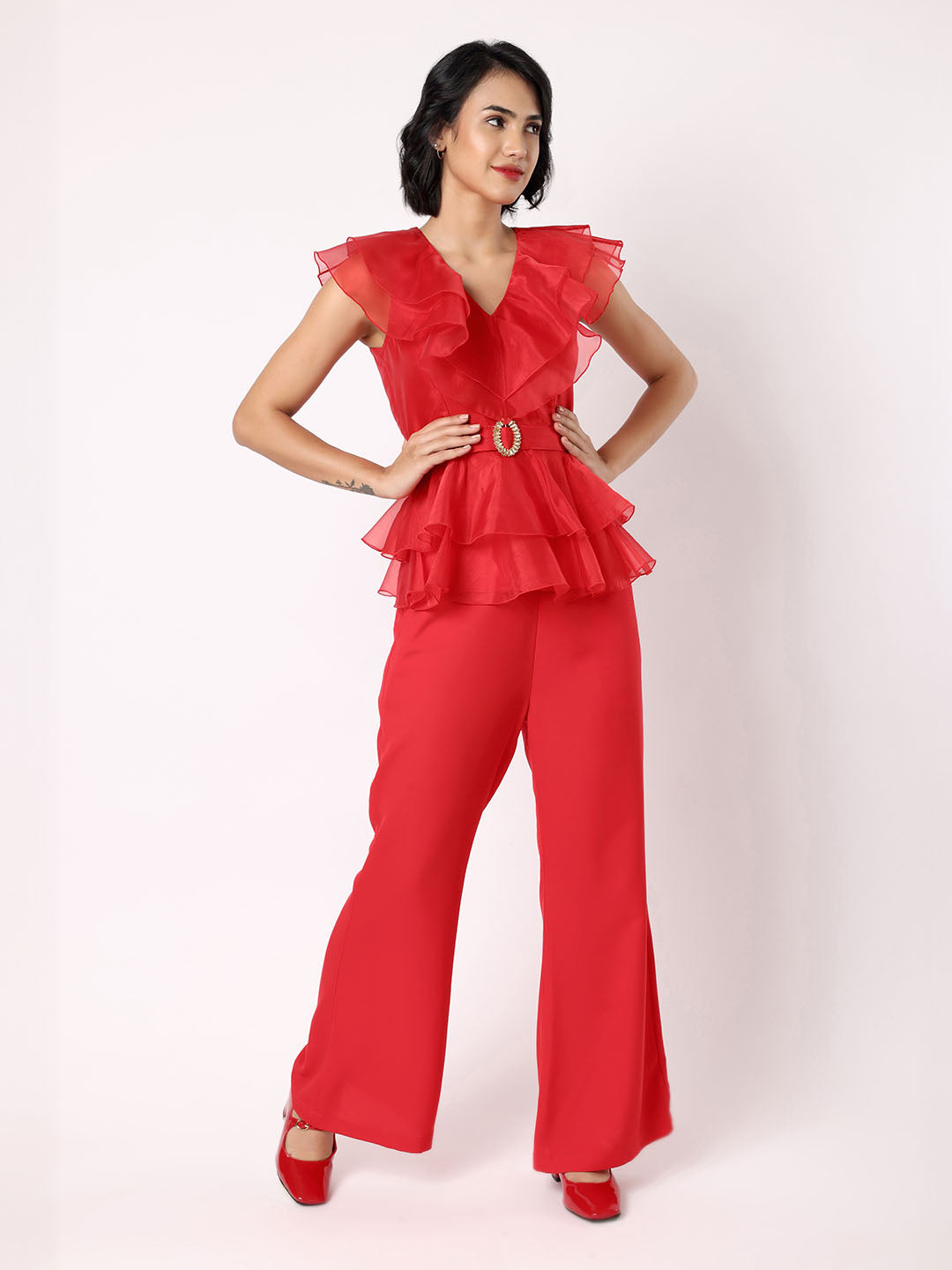 Blanc9 Women Red Organza Frill Top With Trousers