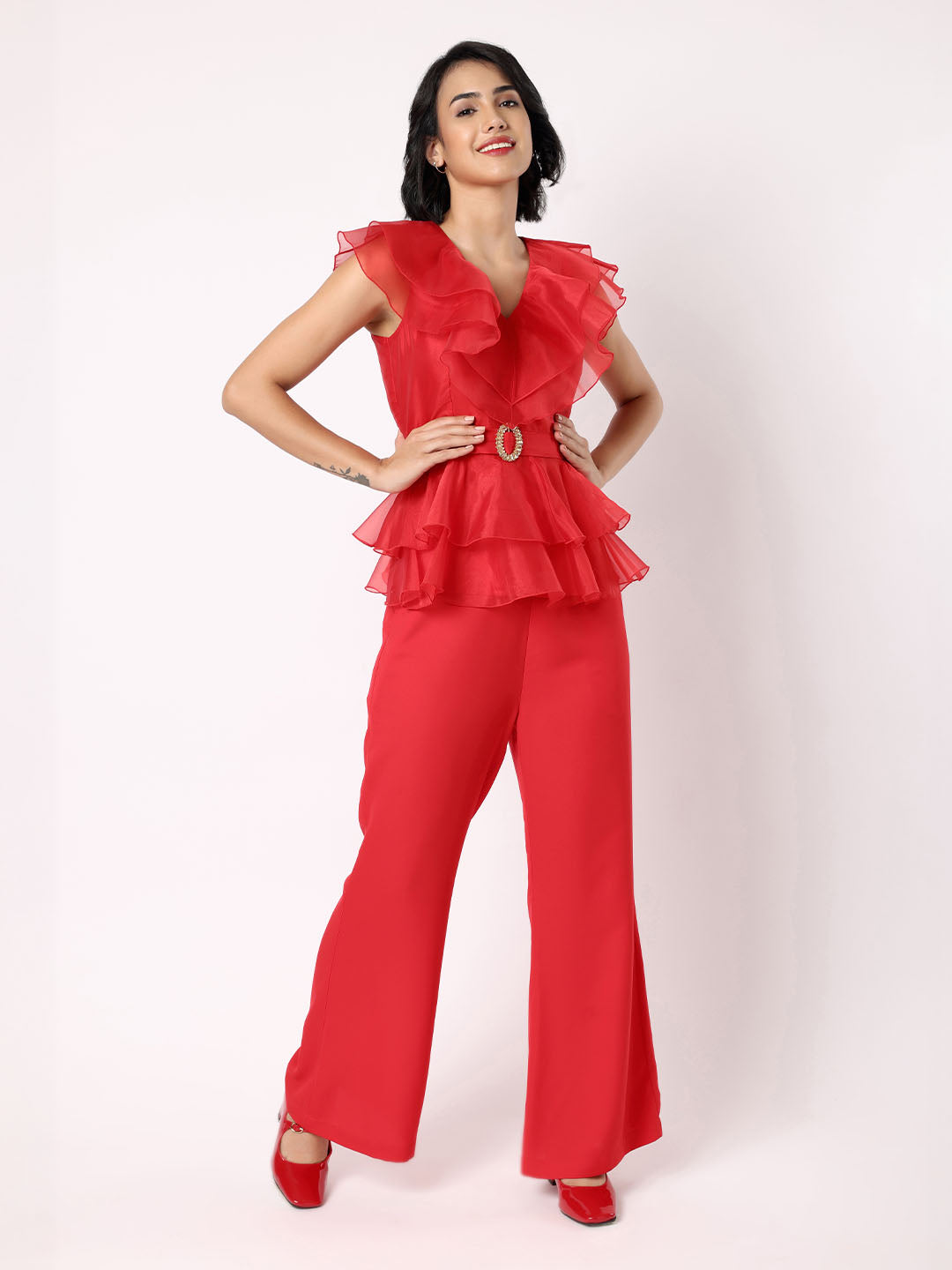Blanc9 Women Red Organza Frill Top With Trousers