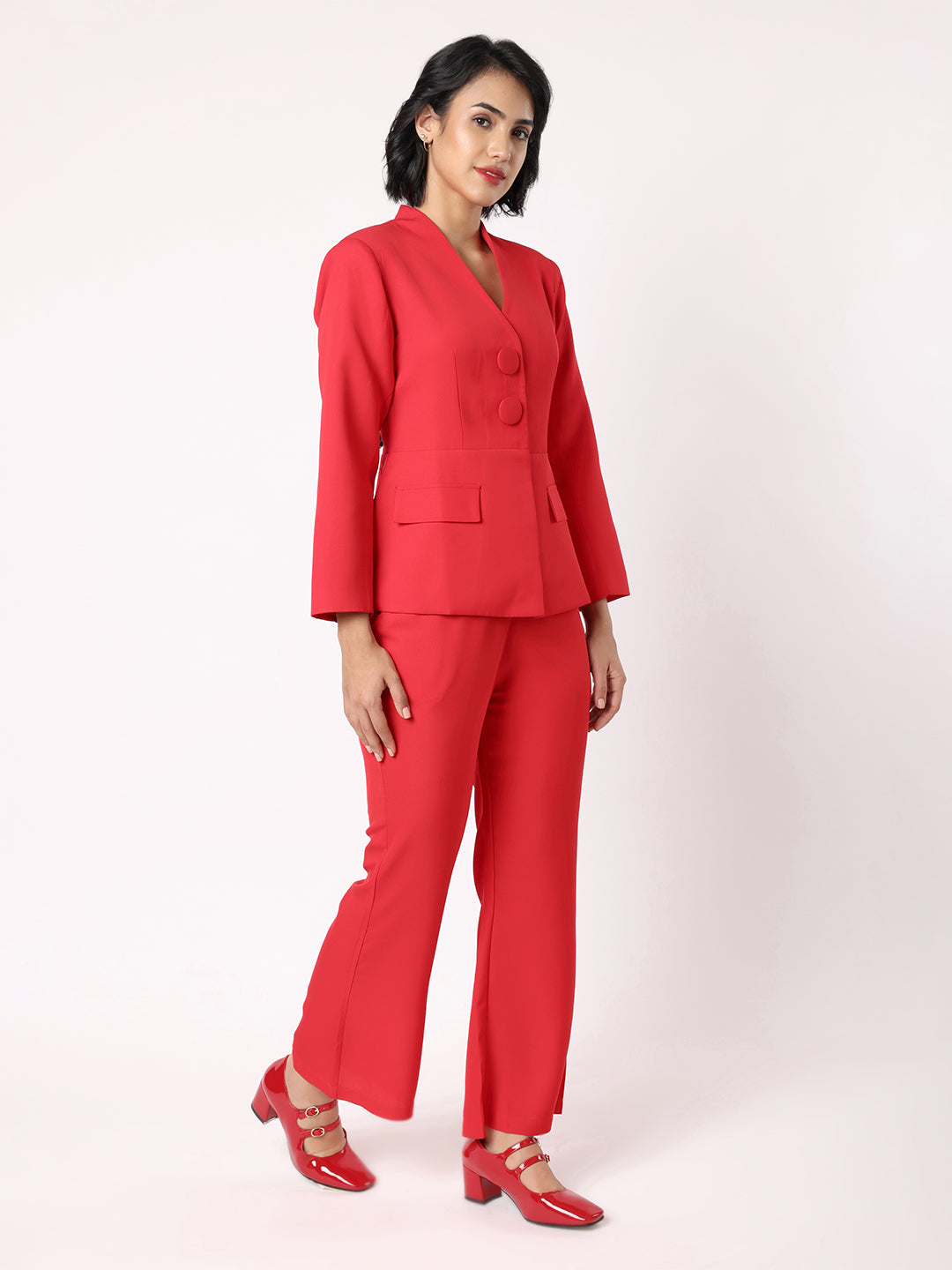Blanc9 Women Red Peplum Blazer With Trousers