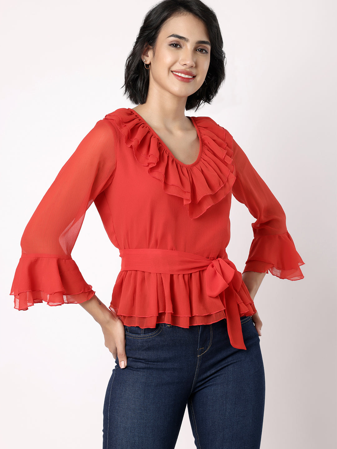 Blanc9 Women  Red Peplum Top With Frill At Neckline