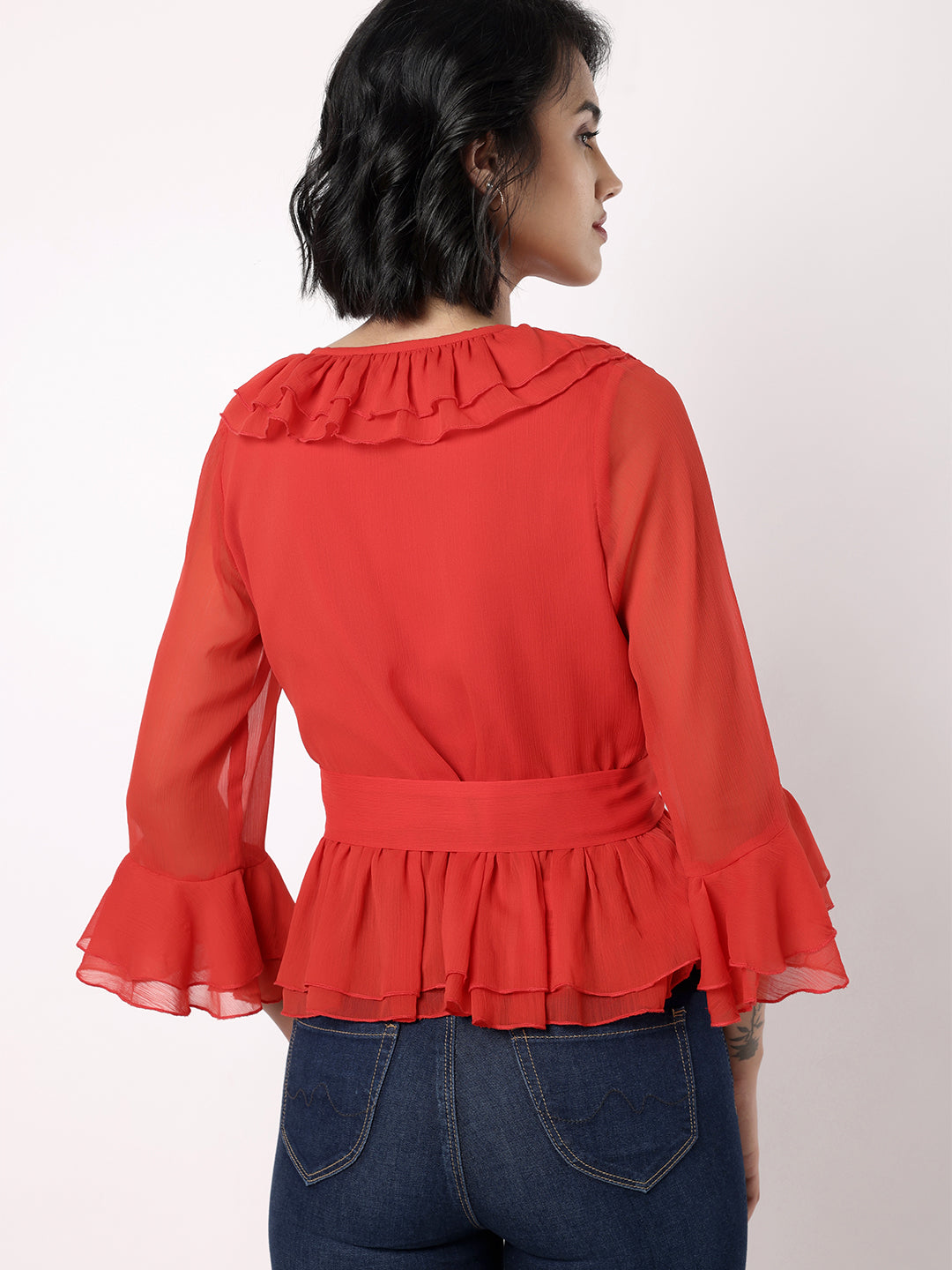 Blanc9 Women Red Peplum Top With Frill At Neckline