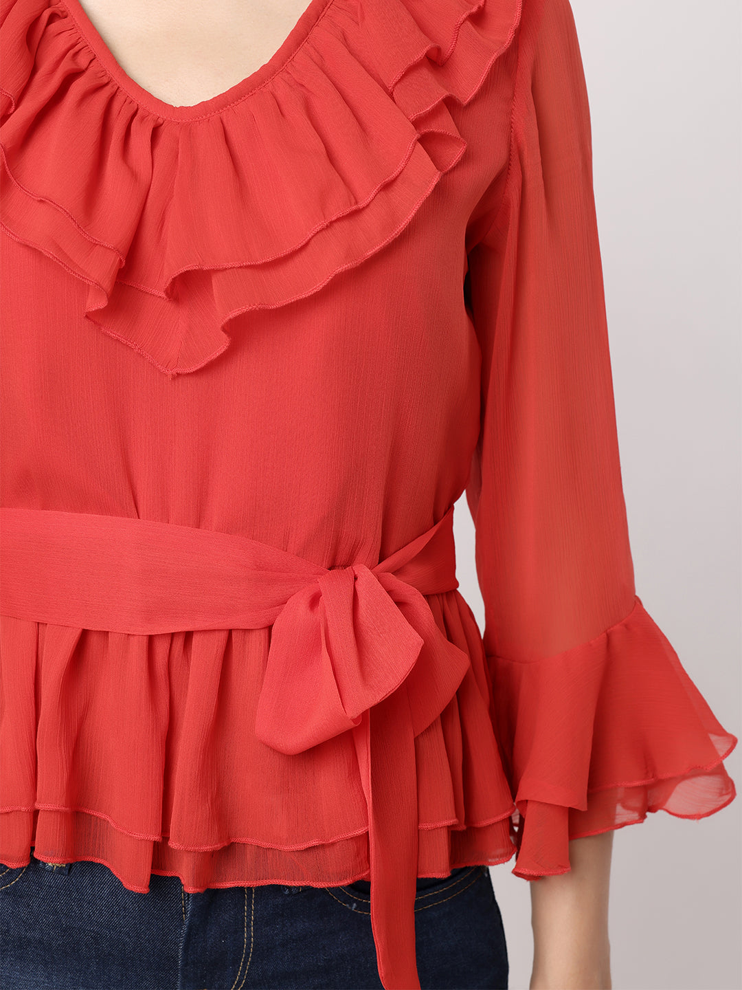 Blanc9 Women Red Peplum Top With Frill At Neckline