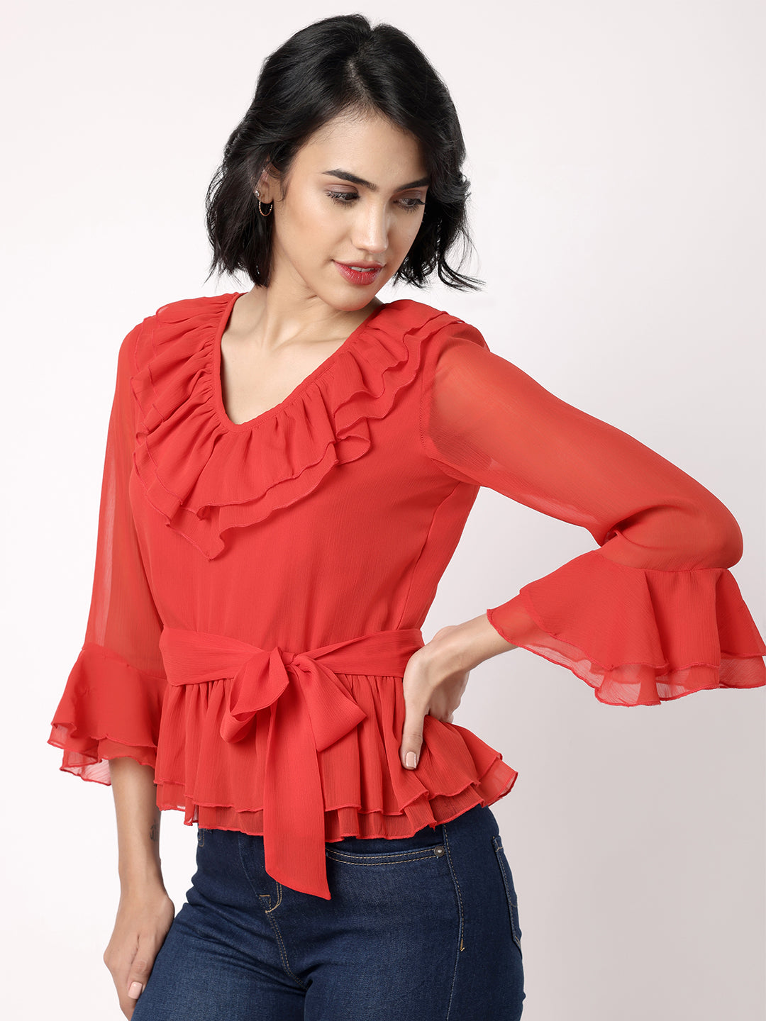 Blanc9 Women Red Peplum Top With Frill At Neckline