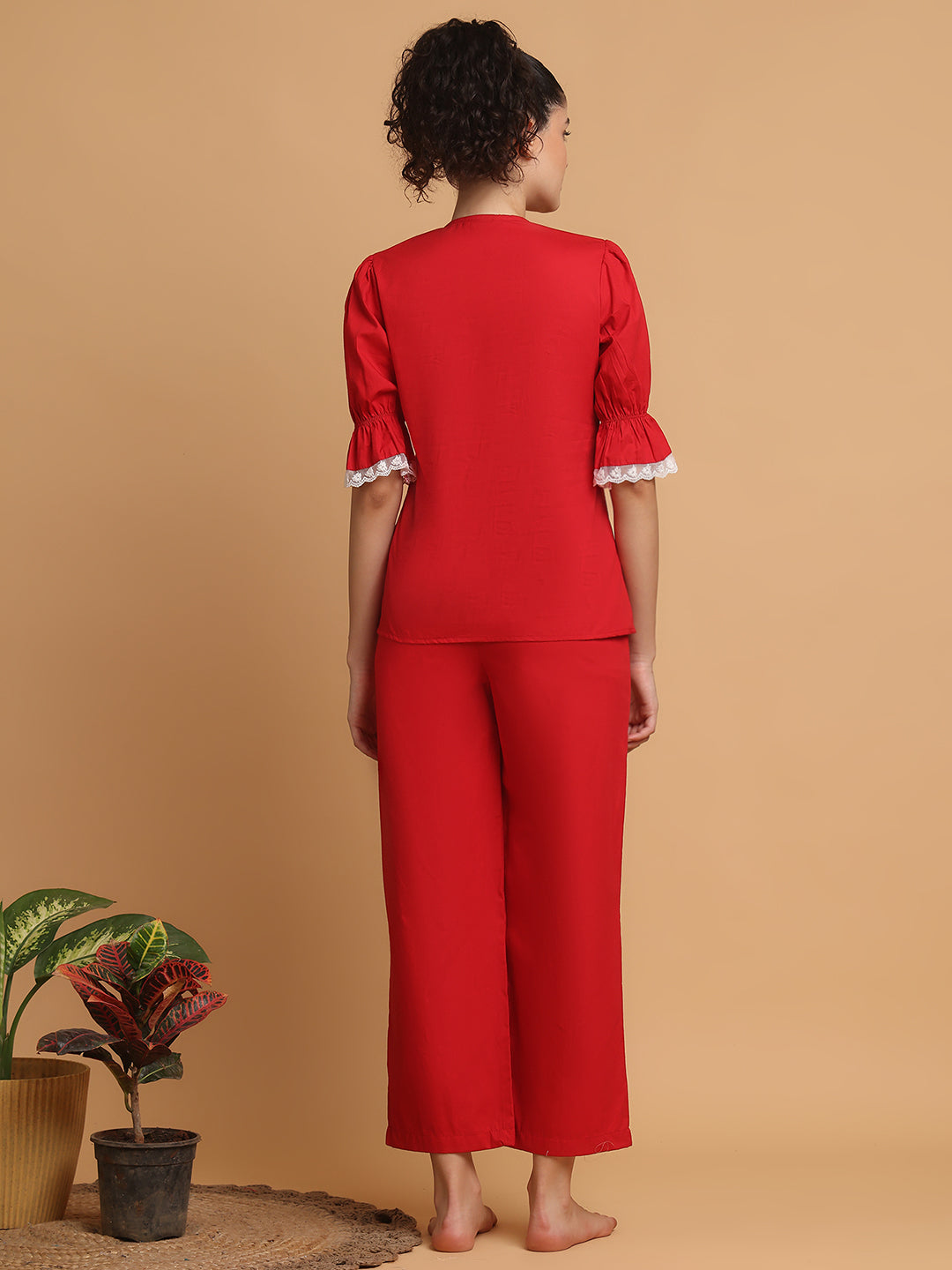 Red Pyjama Set With Lace At Collar