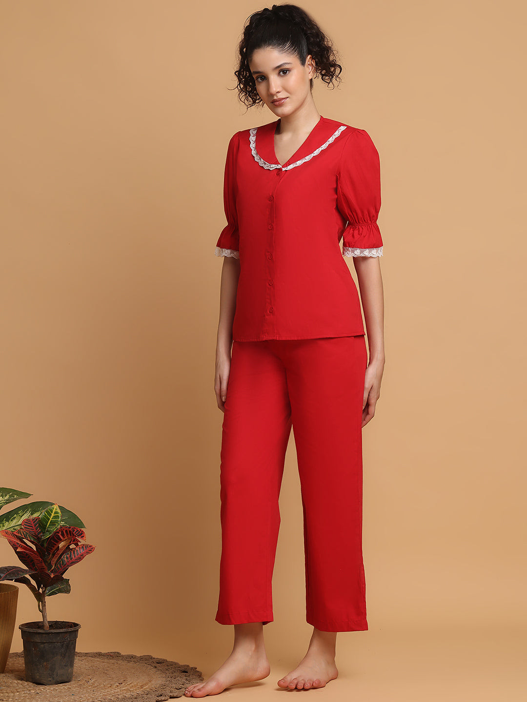 Red Pyjama Set With Lace At Collar