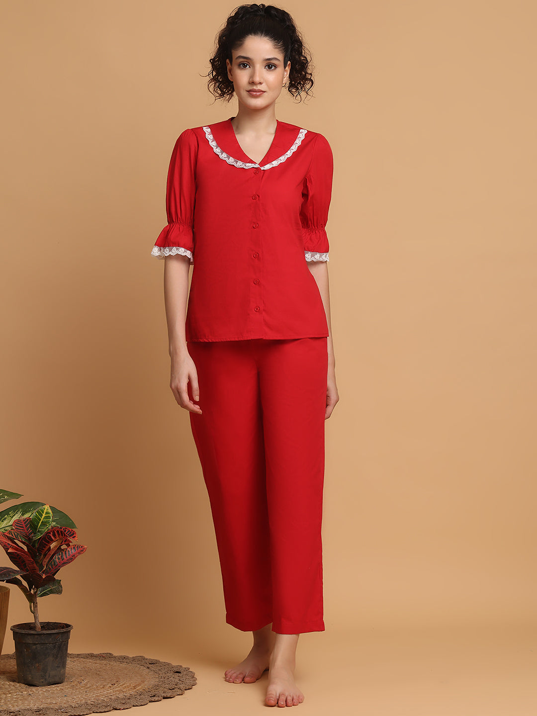 Red Pyjama Set With Lace At Collar