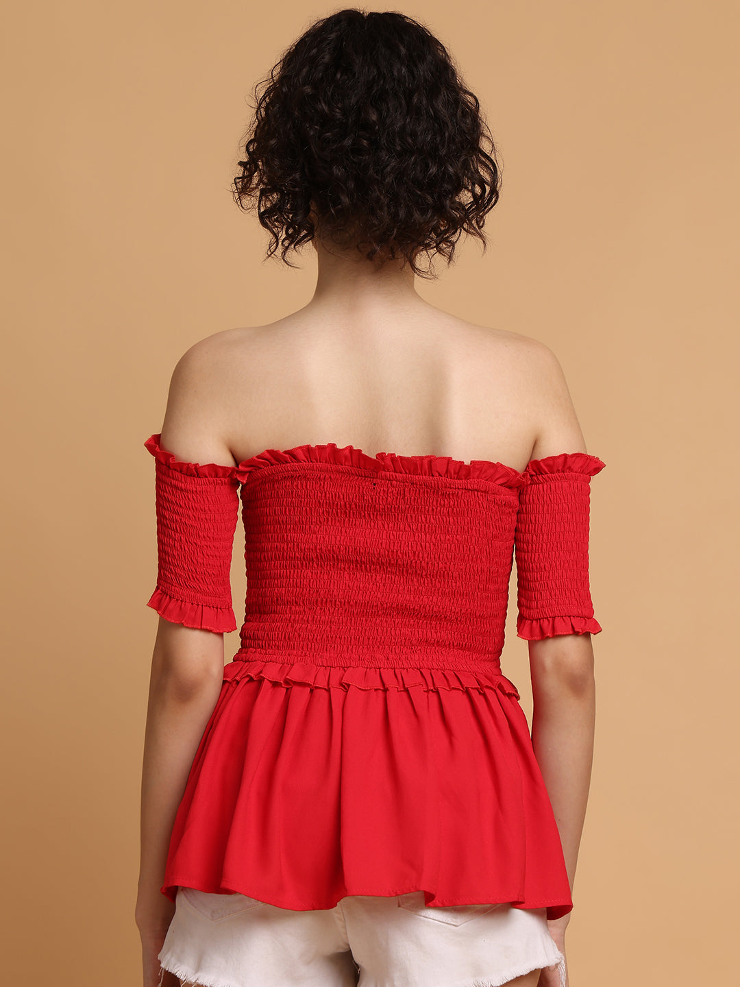 Blanc9 Women Red Smocking Off-Shoulder Top