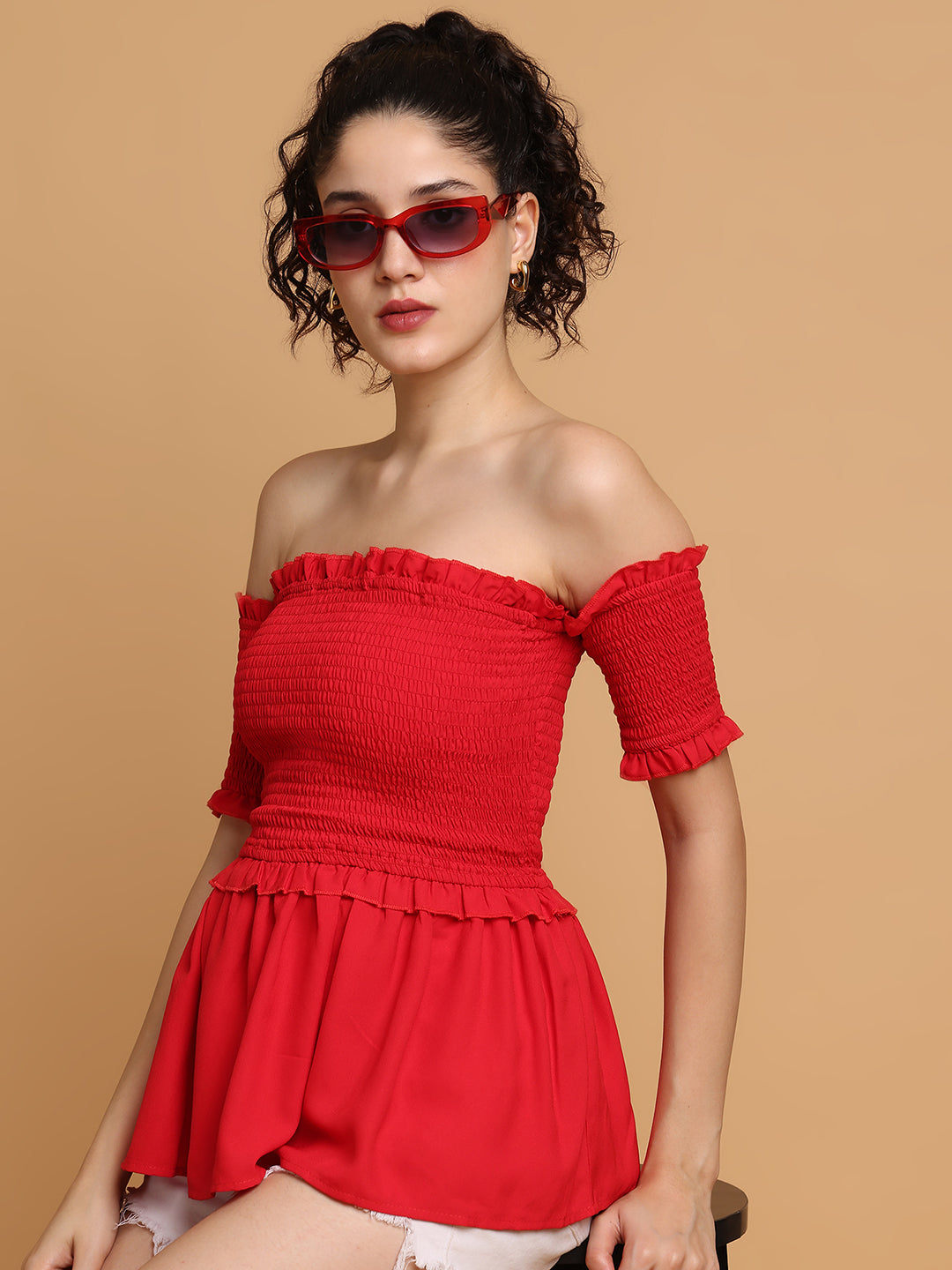Blanc9 Women Red Smocking Off-Shoulder Top